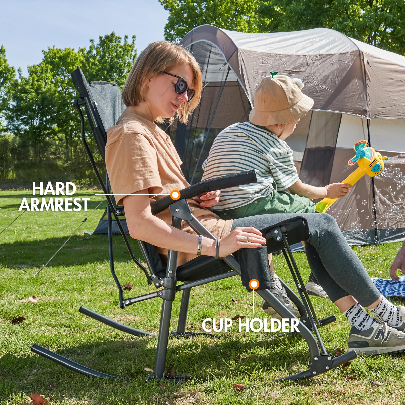 **PORTAL Oversized Folding Rocking Camping Chair - Portable Outdoor Rocker with High Back, Hard Armrests & Carry Bag - Supports 400 lbs, Breathable Mesh Back - Perfect for Camping, Beach, Backyard & Patio Relaxation**