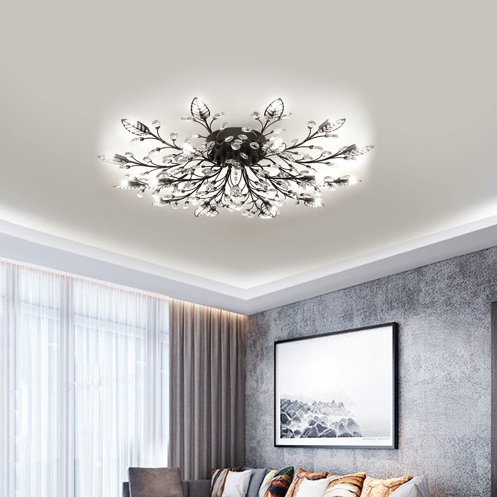 TFCFL Modern 18-Lights LED Ceiling Light Fixture - Gold Black Crystal Flush Mount Chandelier for Living Room, Bedroom, Dining Room - Energy Efficient White Light for Home Decor & Interior Design
