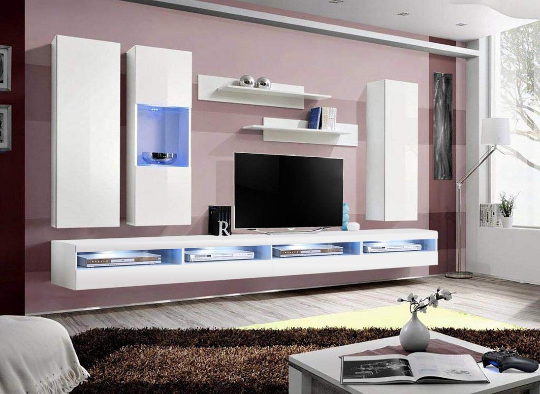 Modern White Wall-Mounted TV Stand with Storage Shelves & LED Lights - Meble Furniture Fly EF5 35