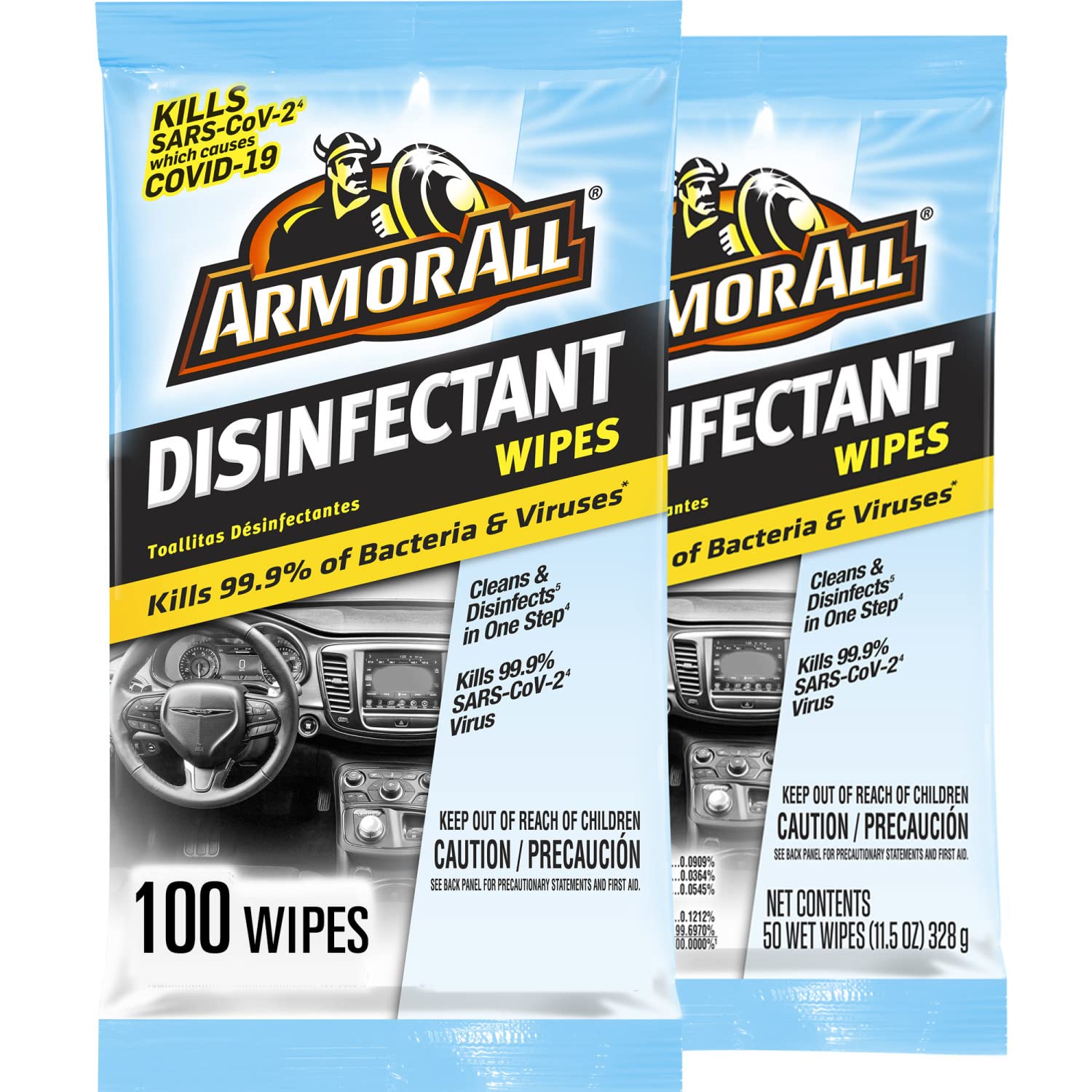 Armor All Disinfectant Wipes for Cars - 100 Count (2 Packs of 50) | Antibacterial Cleaning Wipes for Car Interior, Dashboard & Steering Wheel | Kills Germs & Bacteria | Safe for Leather & Vinyl Surfaces | Perfect for Road Trips & Daily Commute