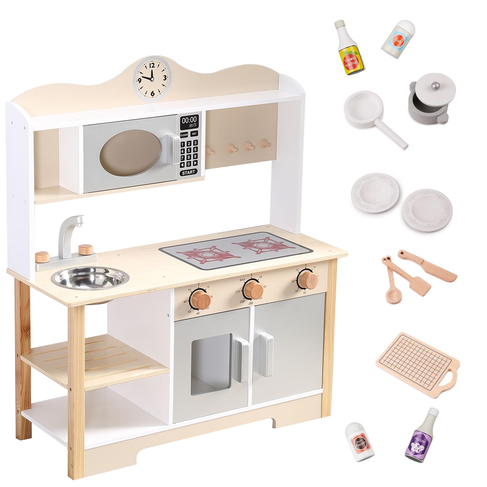 **Wooden Kids Kitchen Play Set - Pretend Play Toy Kitchen with Pots, Pans & Cooking Utensils - Educational Playset for Boys & Girls Ages 3+ - Perfect for Imaginative Play & Early Learning**