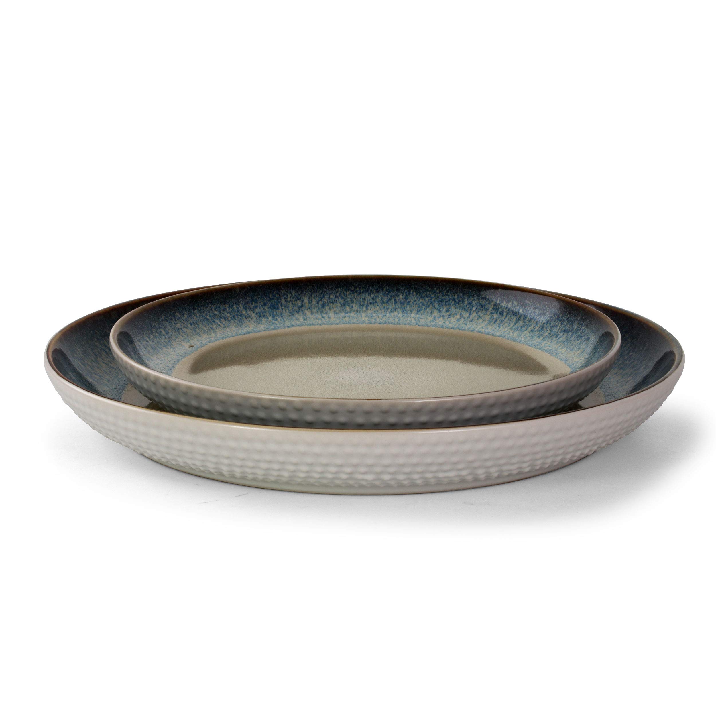 Elama 16-Piece Round Stoneware Dinnerware Set - Contemporary Warm Taupe with Blue Trim Plates & Bowls - Perfect for Everyday Dining & Dinner Parties