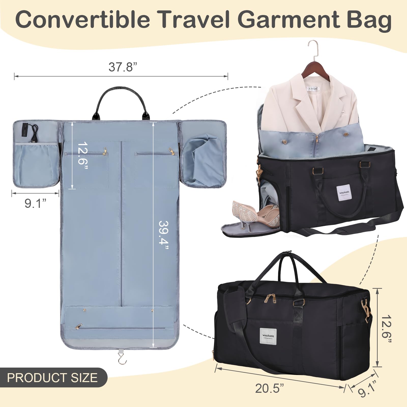 WOOMADA Convertible Travel Garment Duffle Bag with Shoe Compartment & Hanging Dress Section - Women's Carry-On Luggage for Business Trips, Vacations & Weekend Getaways (Black)
