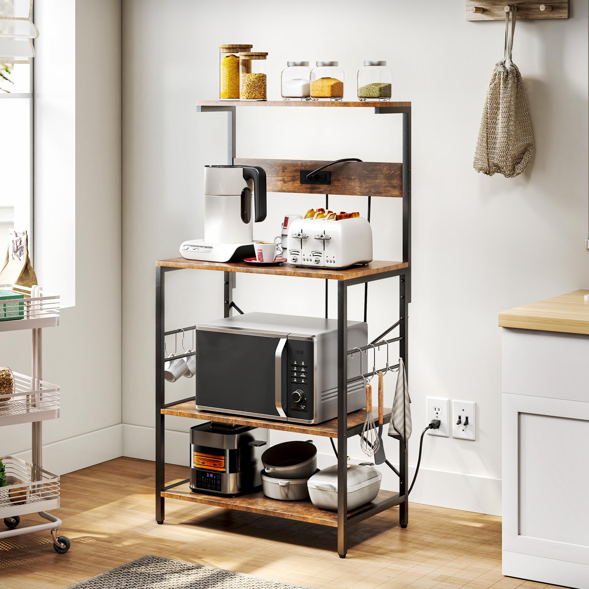 TC-HOMENY 3-Tier Bakers Rack with Power Outlet & 5 S-Hooks - Rustic Brown Kitchen Storage Shelf, Microwave Stand & Coffee Station Organizer | Perfect for Small Kitchens, Pantry Organization & Dining Room Storage
