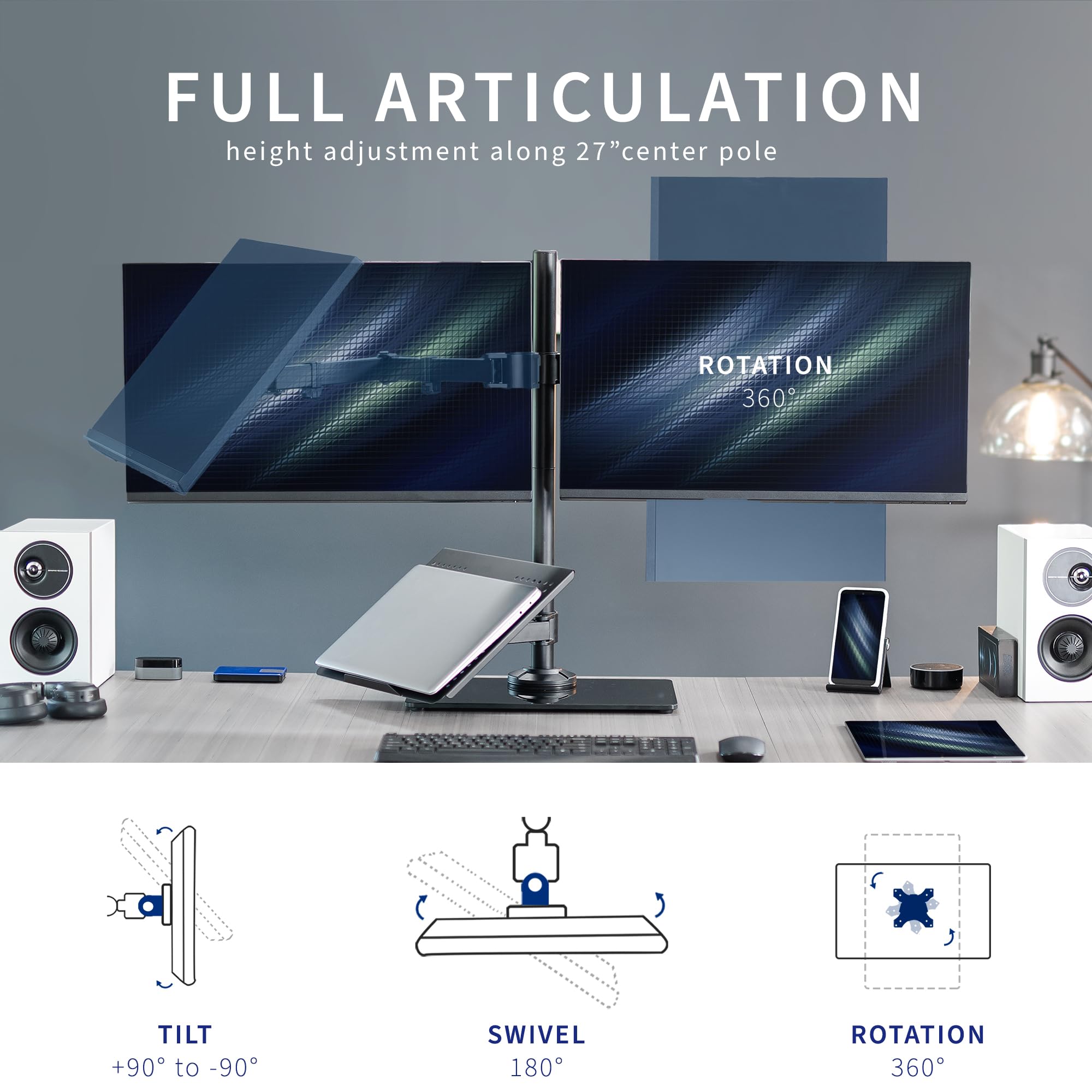 VIVO Dual Monitor and Laptop Stand with Glass Base - Adjustable Freestanding Desk Mount for 32 inch Screens & 17 inch Laptops, Black (STAND-V003FGL) - Perfect for Home Office, Gaming Setup, and Workspace Organization