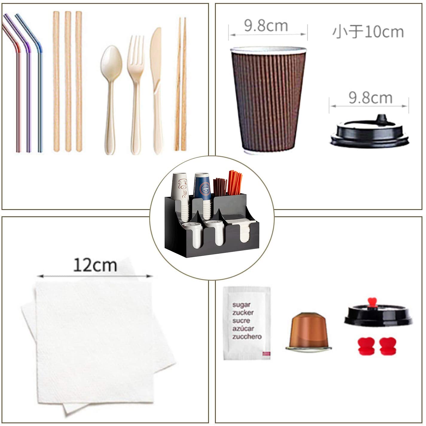 Stackable Cup & Lid Organizer with Coffee Condiment Storage - Wooden Breakroom Organizer for Coffee Pods, Tea Bags & Disposable Cups | Perfect for Office, Kitchen & Pantry Organization