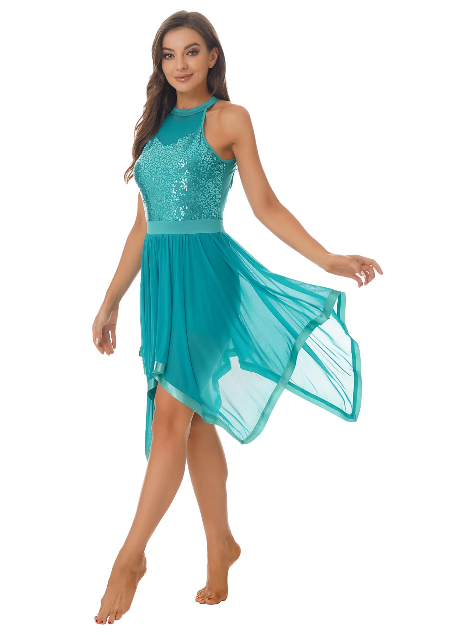 JEATHA Women's Sleeveless Lyrical Dance Costume - Halter Neck Sequined Asymmetrical Mesh Dress for Ballet, Contemporary Dance & Performance