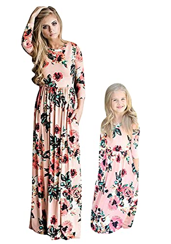 YMING Mommy and Daughter Matching Maxi Dresses - Floral Print Long Sleeve Outfits for Women & Girls | Perfect for Family Photos, Holidays & Special Occasions