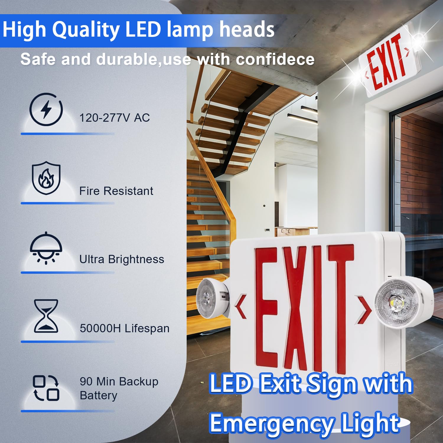 UL Listed LED Exit Sign with Emergency Lights & Battery Backup - 6-Pack Commercial Grade Red Exit Lighting, 120-277V AC, Fire Resistant with Two Adjustable Heads - Perfect for Offices, Warehouses, Schools & Public Buildings