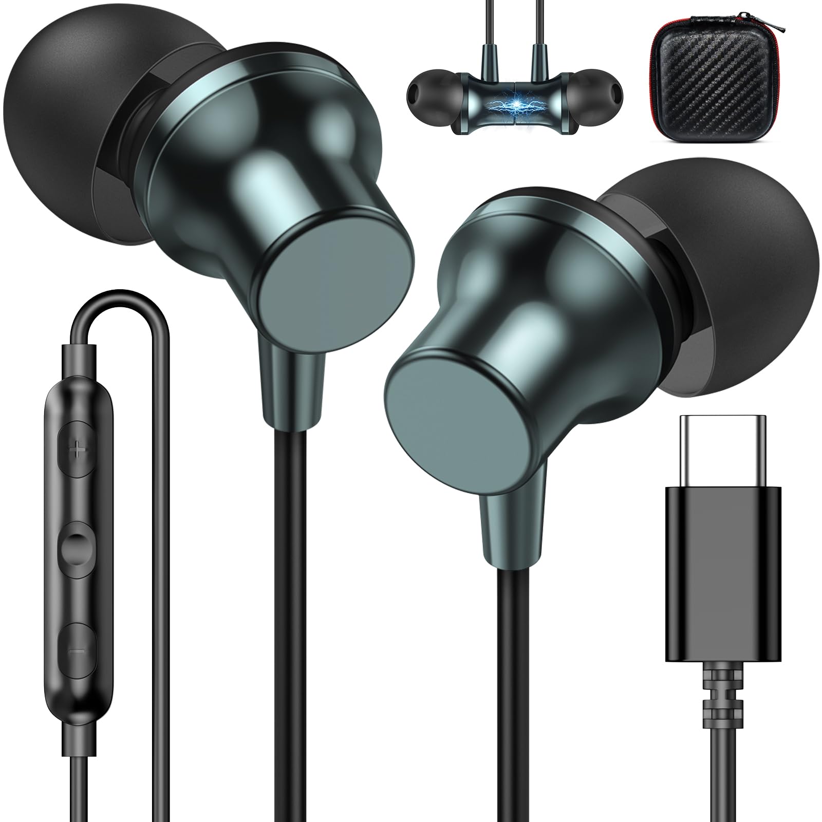 USB Type C Wired Earbuds with Microphone & Volume Control - Noise Canceling Magnetic In-Ear Headphones Compatible with iPad 10th Gen, iPad Air 5th Gen, iPad Pro 11
