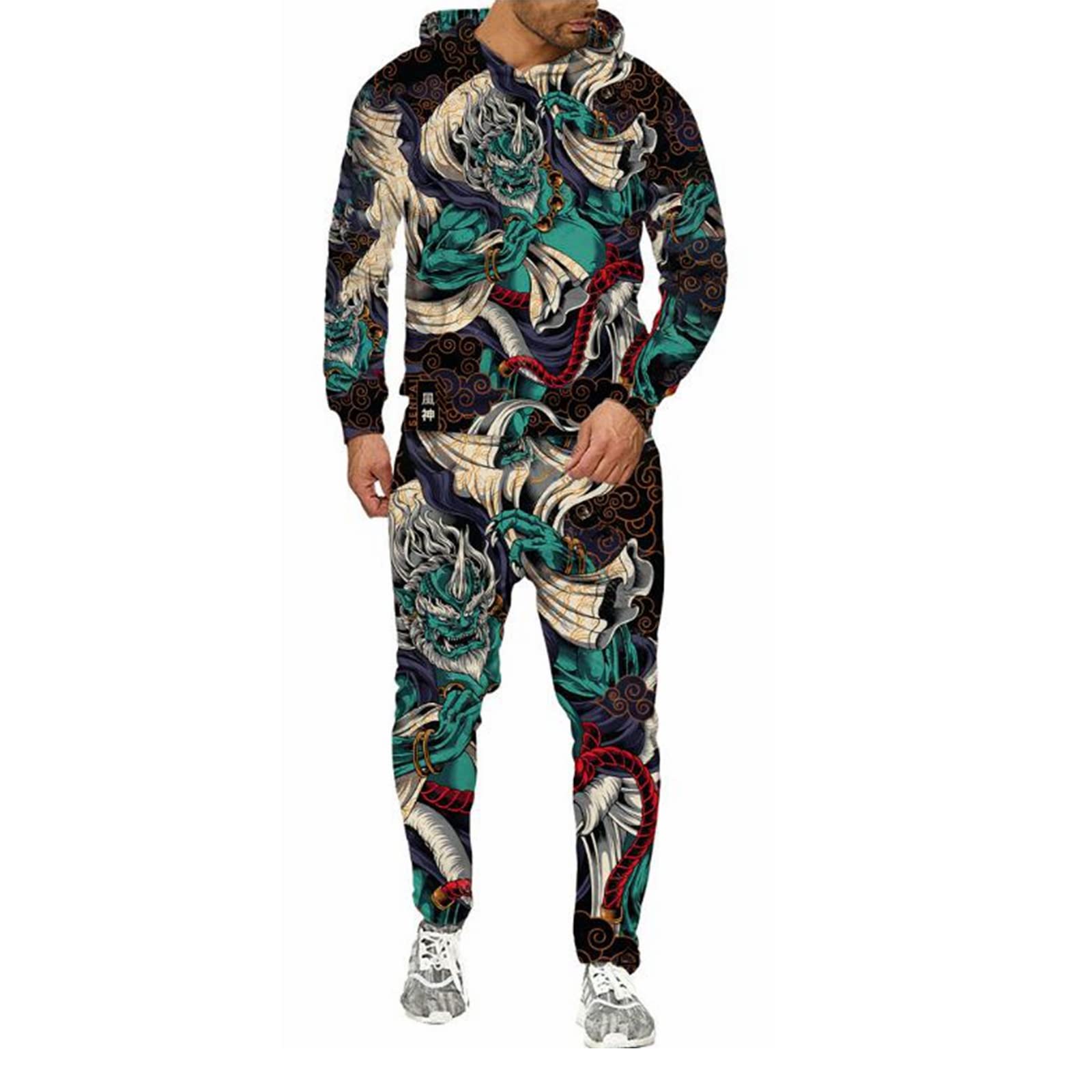 3D Dragon Printed Men's Hooded Sweatshirt & Jogger Set - Japanese Style Zip Up Tracksuit for Men | Streetwear Fashion, Casual Outfit, Anime Lover Gift