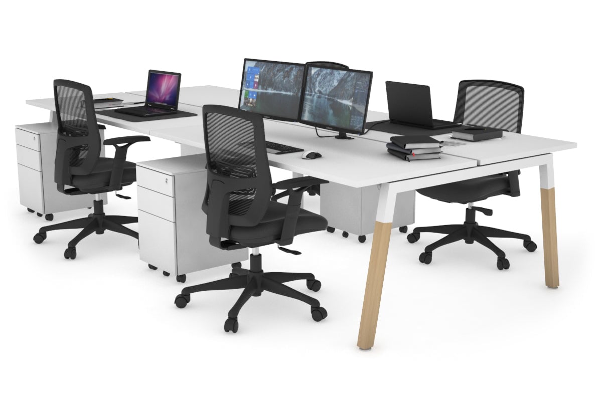 Quadro A Legs 4-Person Office Workstation with Wood Legs & Cross Beam [1600L x 700W] - Perfect for Collaborative Workspaces & Modern Offices