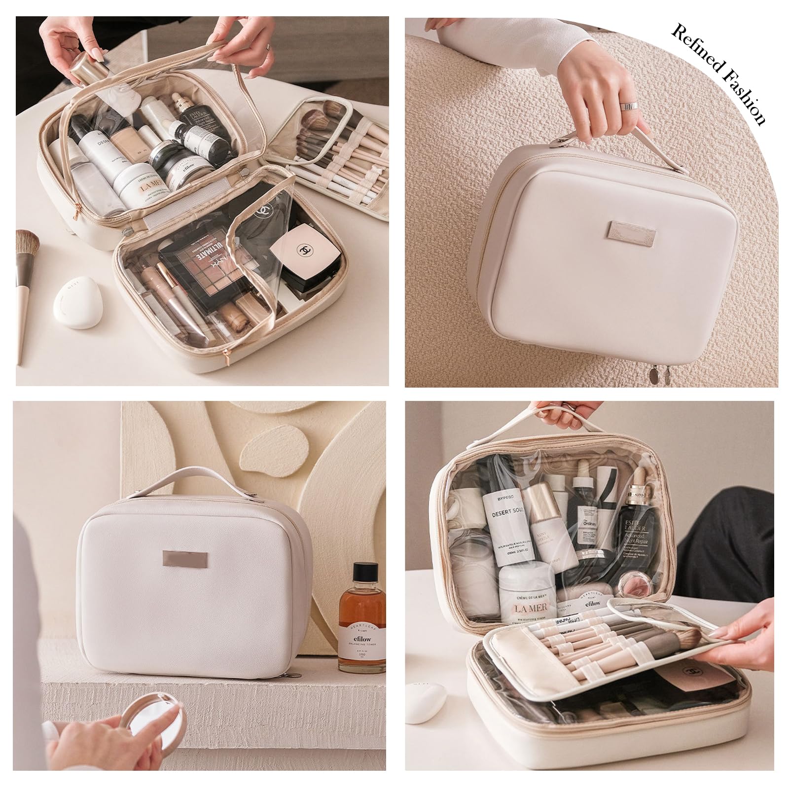 Large Capacity Travel Makeup Bag with Clear Double-Sided Compartments & Brush Holder - Waterproof PU Leather Cosmetic Organizer & Toiletry Bag for Women (Beige) - Perfect for Air Travel, Gym, and Daily Beauty Essentials