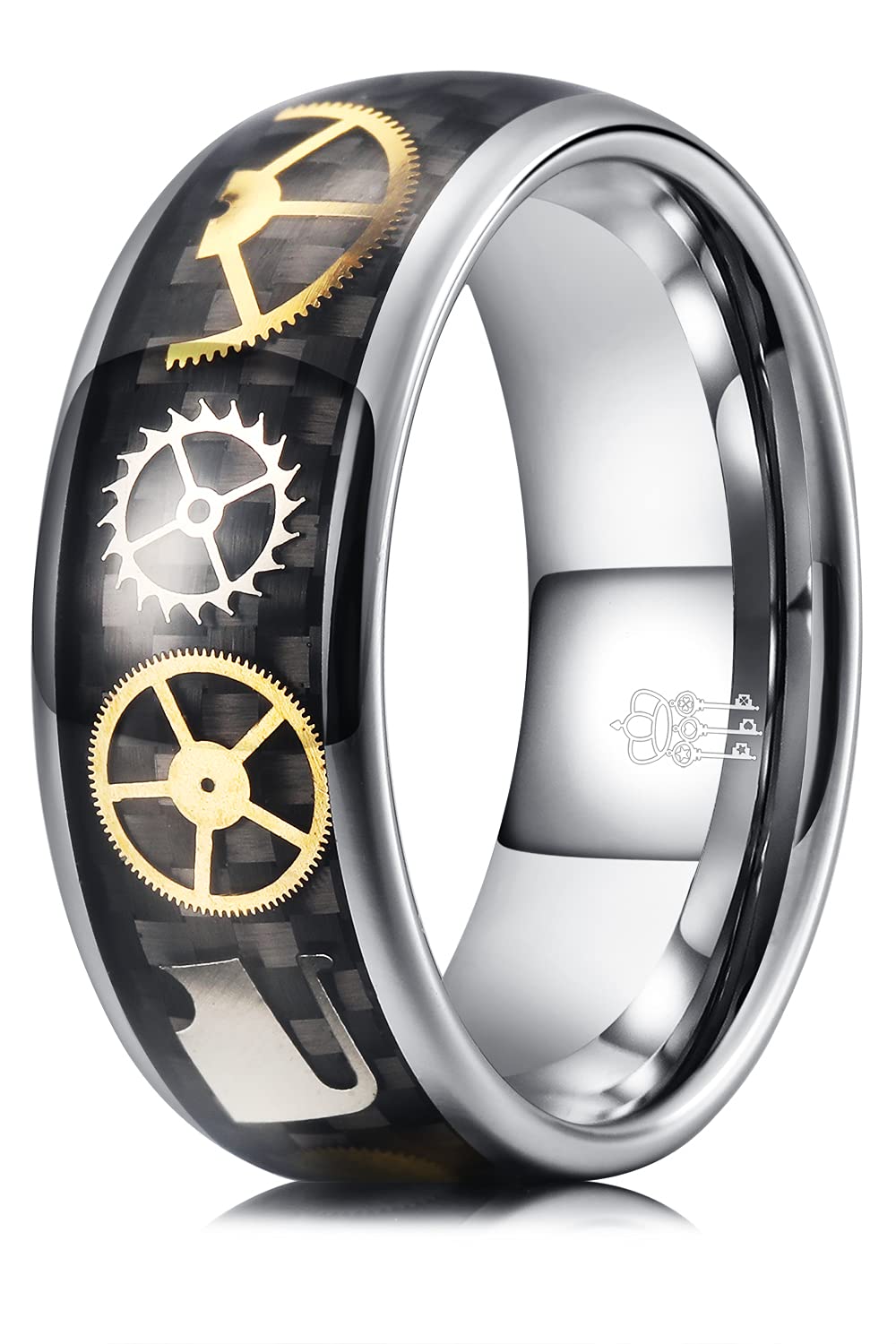 Premium Tungsten Carbide Men's Wedding Band Ring - Gold Gear Design with Meteorite Inlay & Color Stones | Punk Mechanical Style for Engagement & Anniversary | Durable Polish Finish in Blue Black/Silver | Perfect for Everyday Wear, Special Occasions & Gift Giving