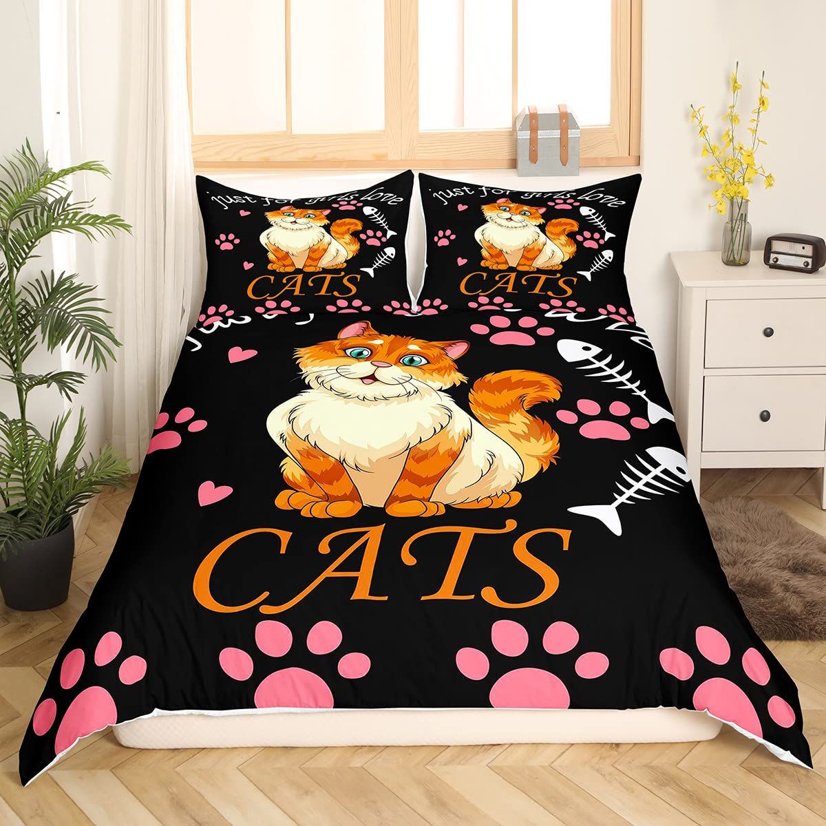Kawaii Cat Duvet Cover Set - Cute Pink Animal Print Comforter with Heart & Fish Bone Design for Girls Kids Bedroom Decor, Twin Size Black | Perfect for Kids Room, Nursery, Dorm & Home Decor
