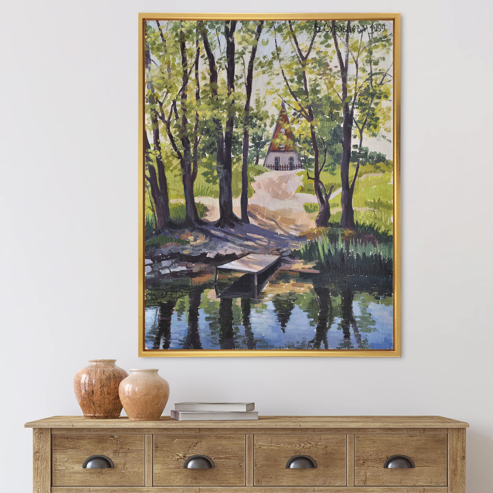 Mysterious Lake House By The River - Framed Canvas Wall Art Print for Living Room, Bedroom & Office Decor