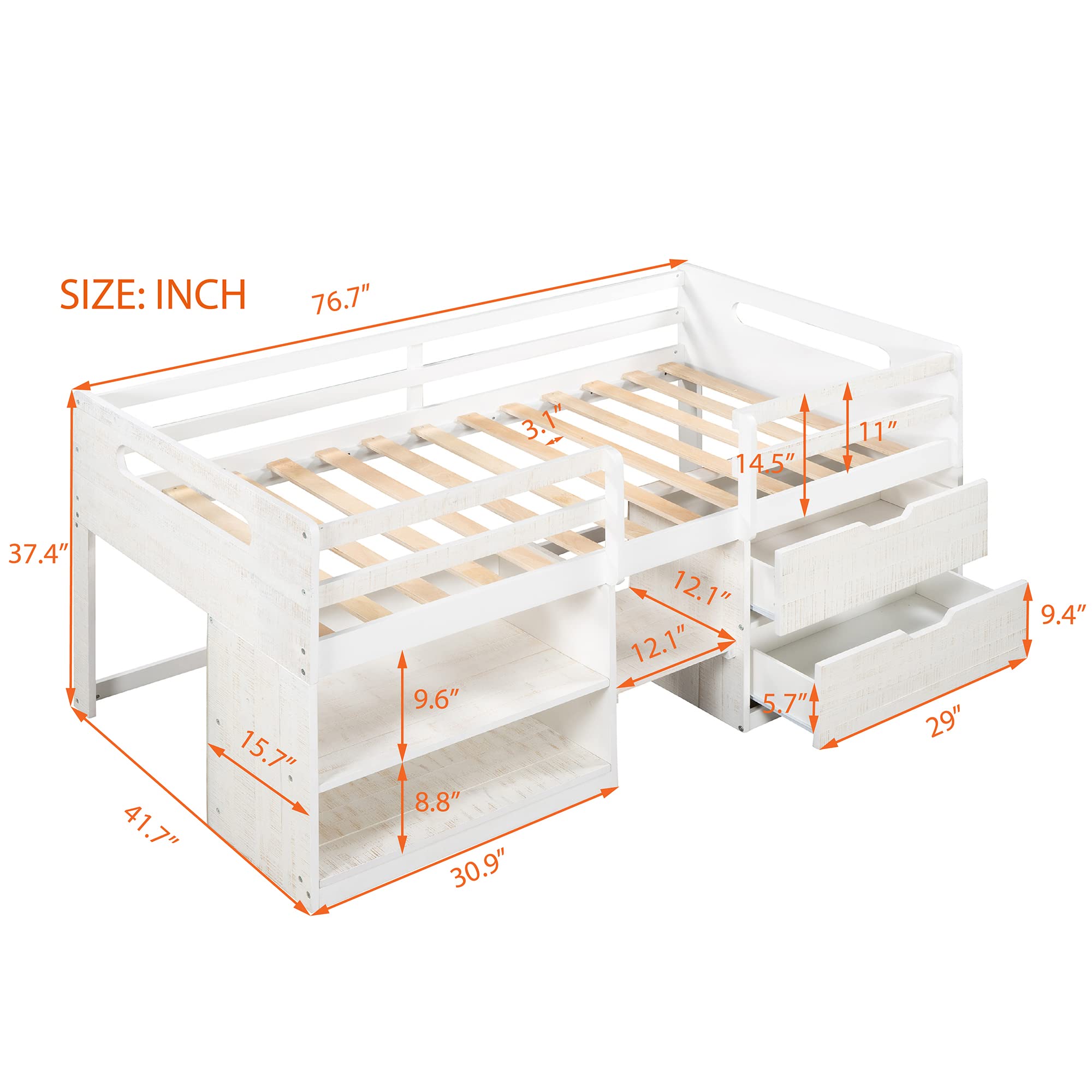P PURLOVE Twin Loft Bed with 2 Shelves & 2 Drawers - Low Loft Bed Frame for Kids/Teens - No Box Spring Needed - Antique White - Perfect for Small Rooms & Dorm Spaces