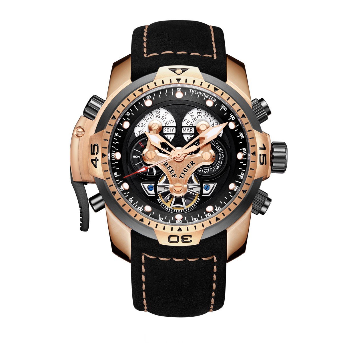 REEF TIGER Men's Military Automatic Watch with Leather Strap - Waterproof Sport Chronograph Watch for Outdoor, Hiking & Casual Wear (Model RGA3503)