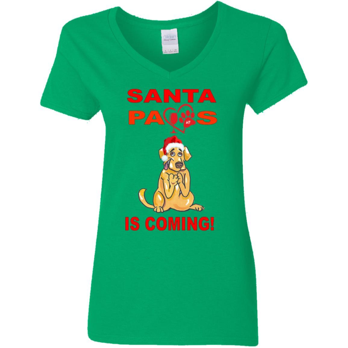 Santa Paws Is Coming - Funny Christmas Dog Lovers T-Shirt for Women - Soft 5.3 oz V-Neck Cotton Tee - Perfect Gift for Pet Owners & Holiday Parties