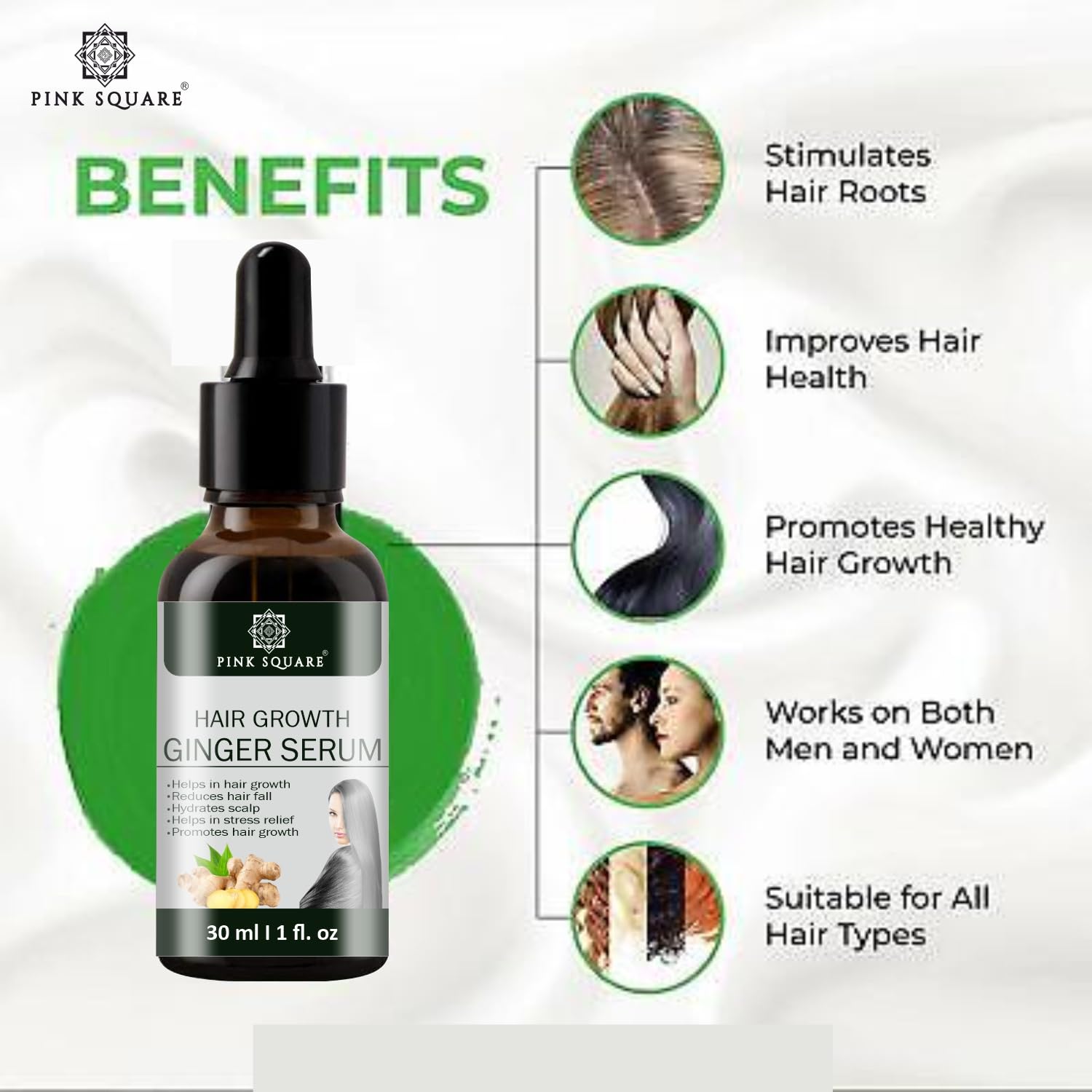 Pink Ginger Hair Growth Serum - Reduces Hair Loss & Dandruff, Nourishes Scalp & Strengthens Hair - 30ml (1 Pack) | For Thinning Hair, Dry Scalp & Healthy Hair Growth