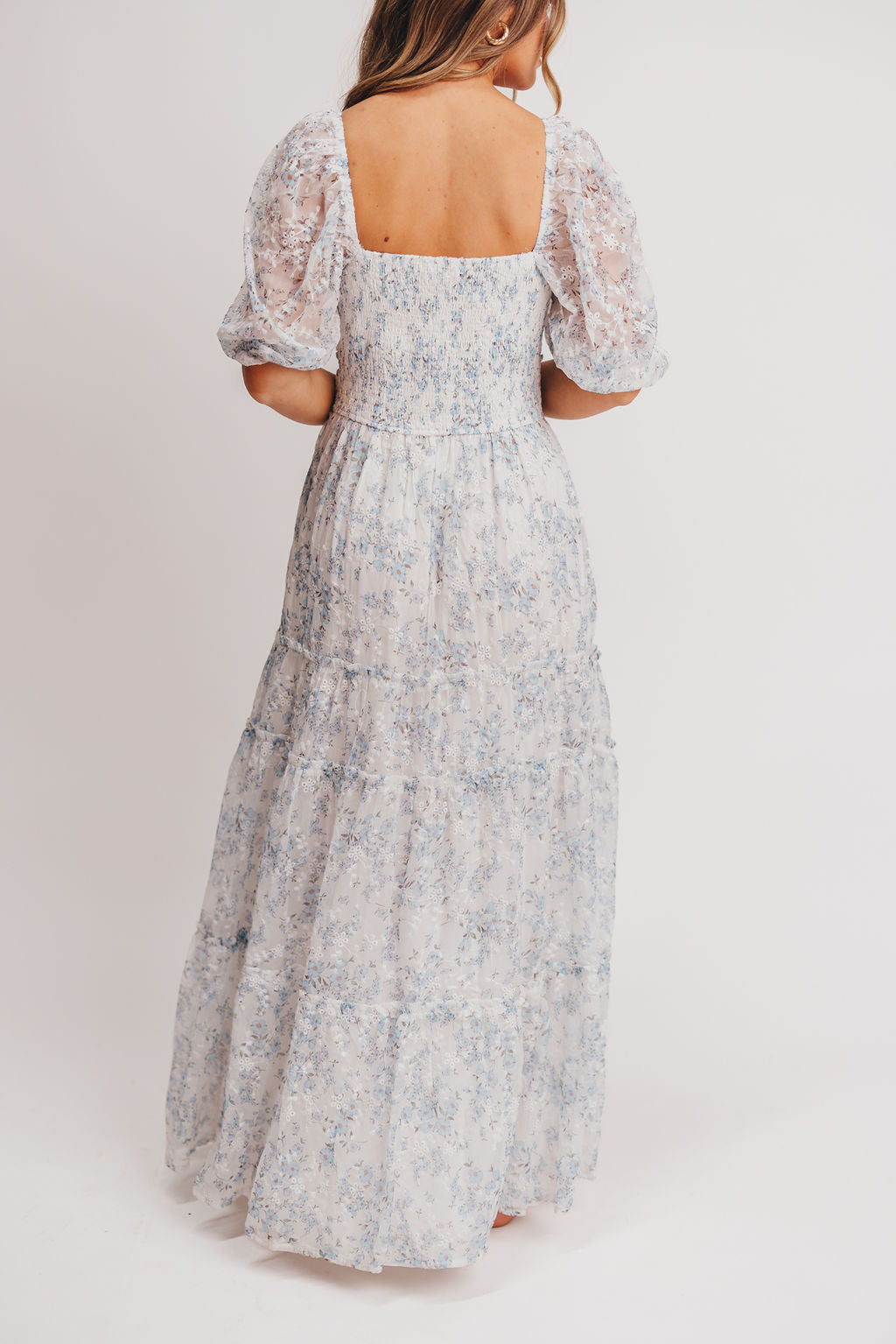 Blue and White Floral Daphne High Slit Eyelet Detail Maxi Dress - Plus Size & Inclusive Sizing - Perfect for Summer Weddings, Beach Vacations & Date Nights