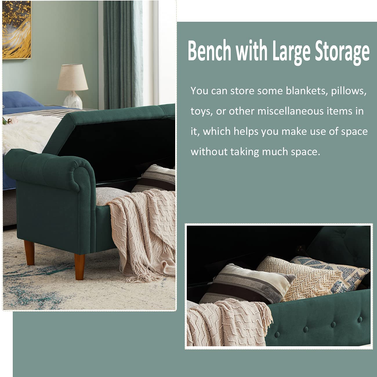 SLEERWAY Entryway Storage Bench - Small Ottoman Sofa Bench with Rolled Arms & Button-Tufted Design, Shoe Storage Bench for Living Room, Bedroom, Hallway - Perfect for Entryway Organization, Shoe Storage & Extra Seating