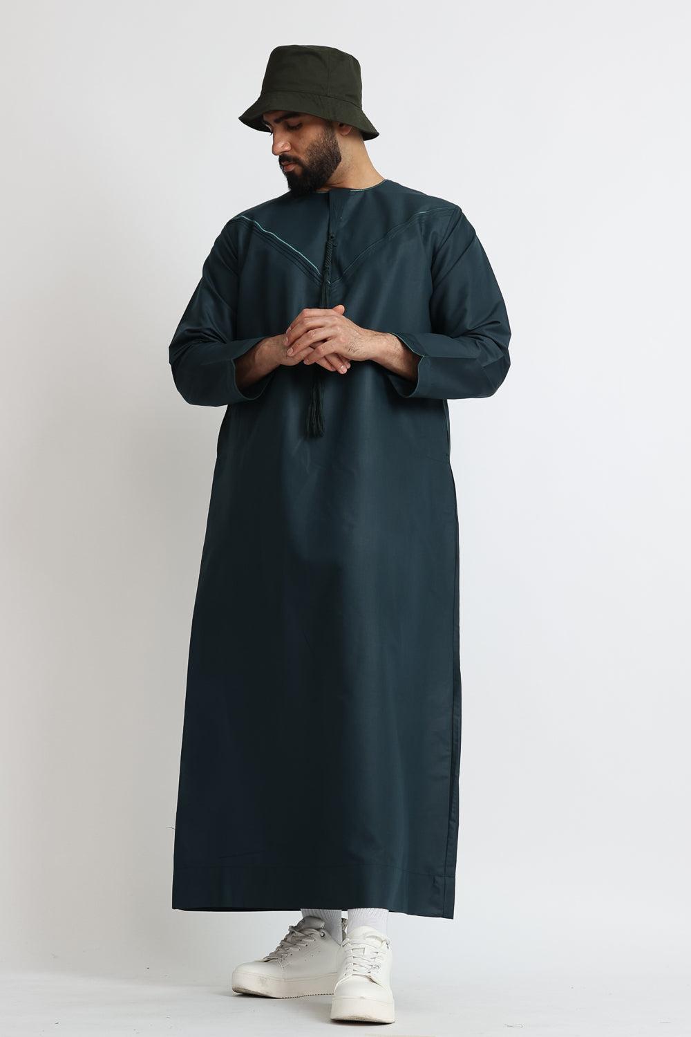J101 Jungle Green Pleated Emirati Thobe for Men - Traditional Arabic Long Dress for Special Occasions & Cultural Events