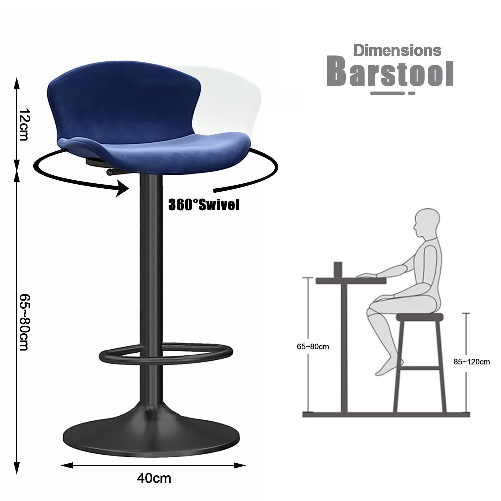**Adjustable 360° Swivel Bar Stools 65-80cm (29.5 Inch) - Counter Height Kitchen & Dining Chairs with Backrest & Black Metal Base - Blue - Perfect for Home Bars, Kitchen Islands & Breakfast Nooks**