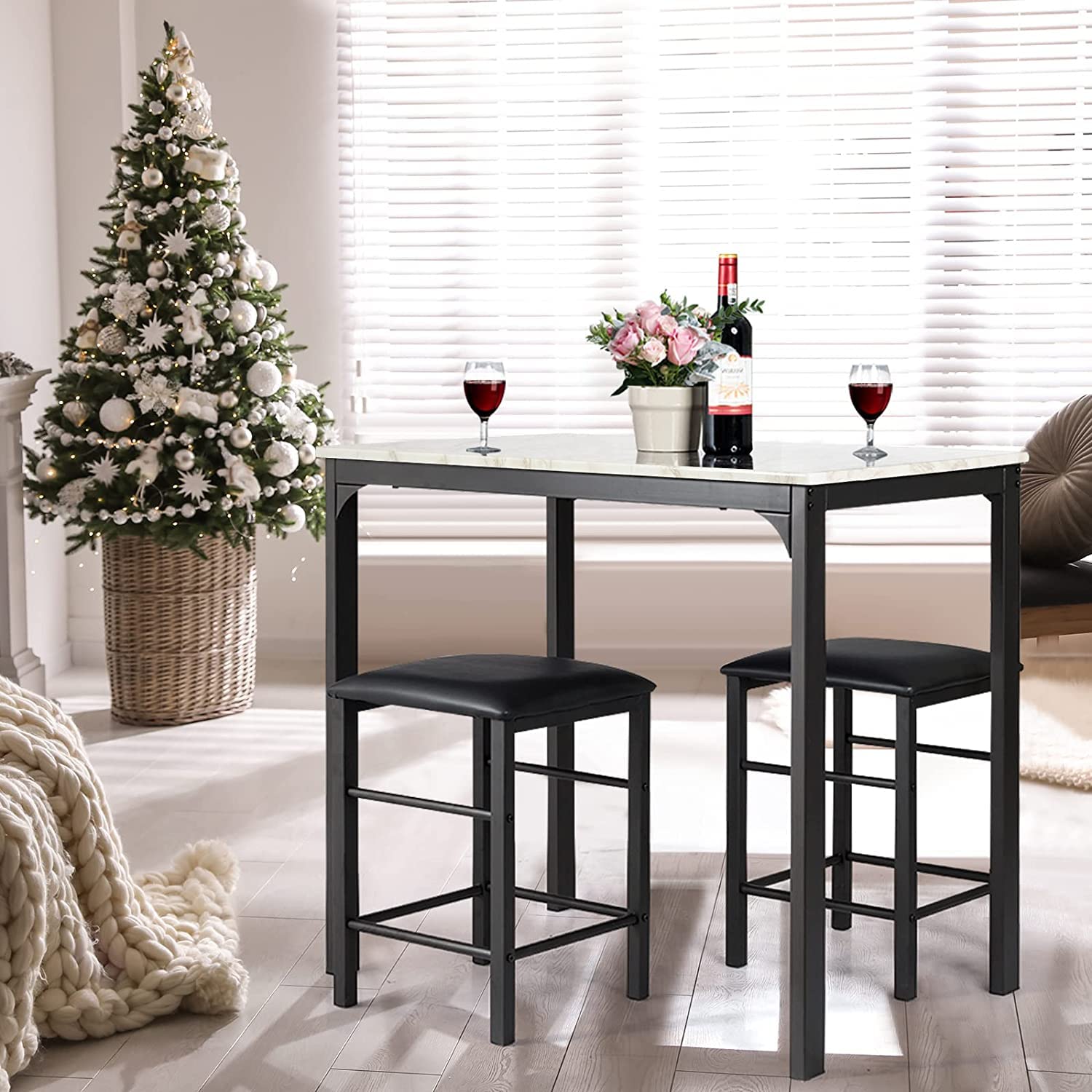 FANTASK 3-Piece Counter Height Dining Table Set for 2 - Small Kitchen Table with 2 Faux Leather Backless Stools, Space-Saving Breakfast Nook Set for Apartments, Kitchens, Bars & Small Spaces (White) | Perfect for Studio Apartments, Tiny Homes & Compact Dining Areas