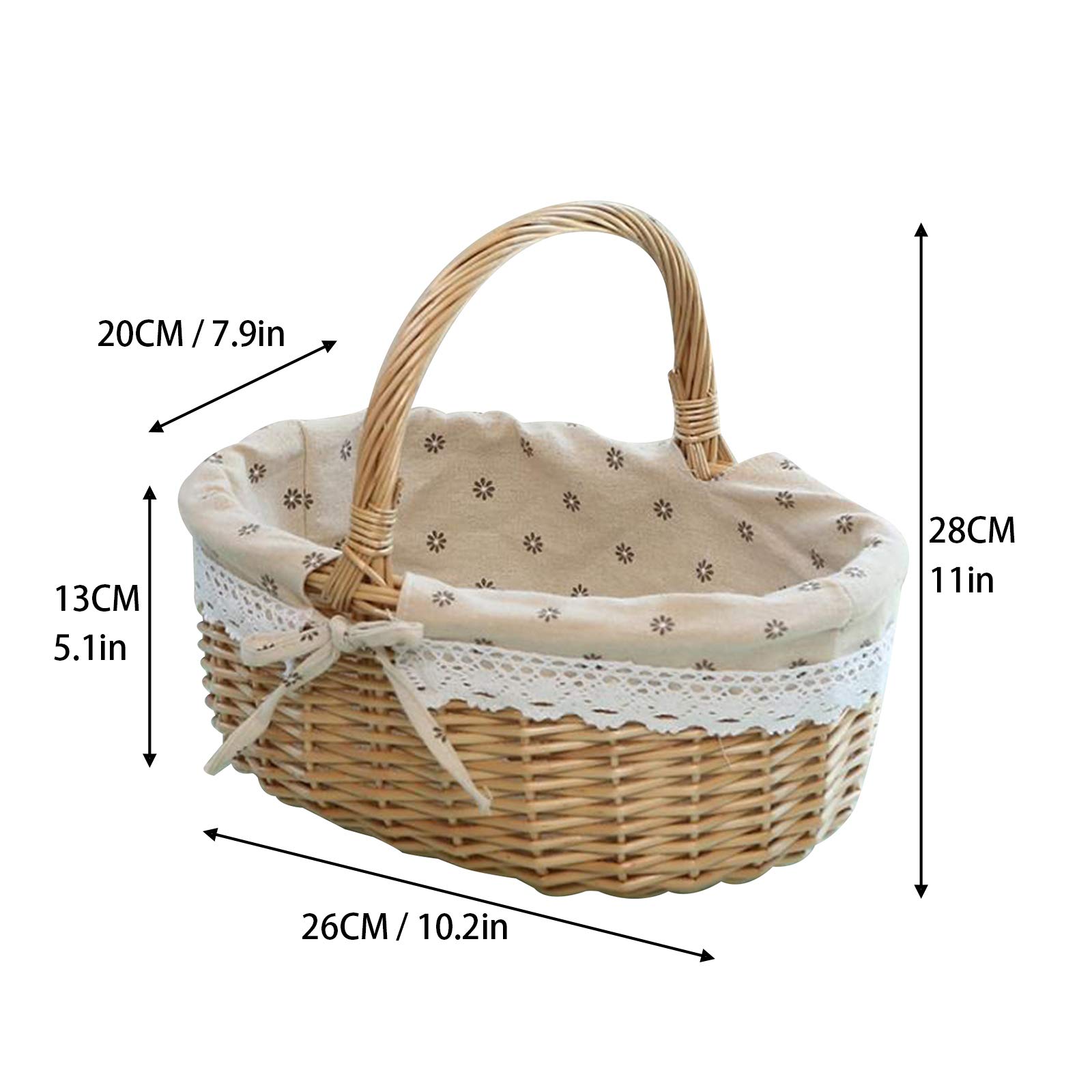 Handmade Woven Willow Picnic Basket with Handle - 10.2 x 7.9 x 11 Inch Oval Storage Hamper for Candy, Fruits, Bread - Perfect for Camping, Hiking, Beach Outings & Wedding Decor