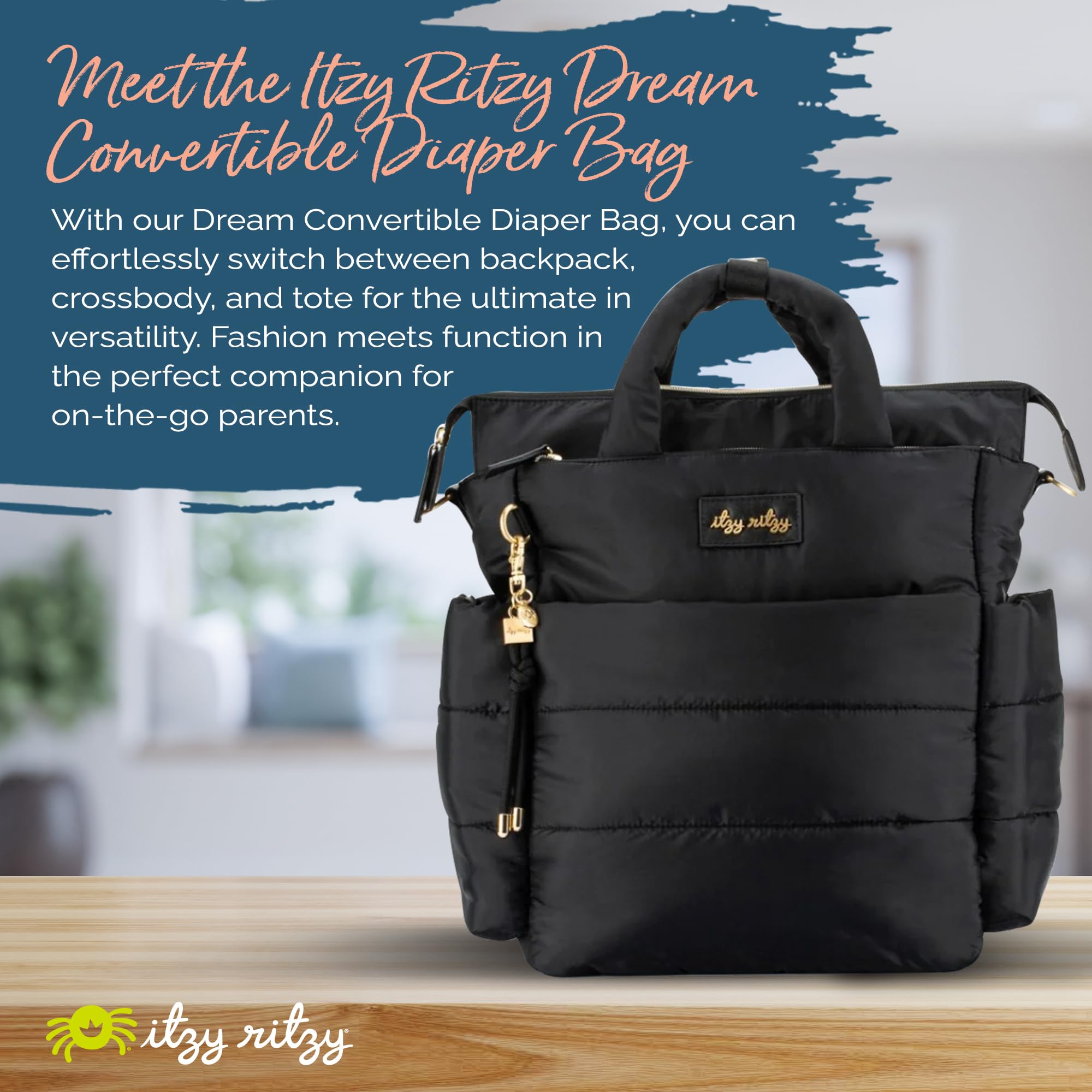 Itzy Ritzy Dream Convertible Diaper Bag - Baby Tote Backpack with 14 Pockets, Changing Pad, Insulated Bottle Holder | Perfect for Newborns & Toddlers | Stylish & Functional for Daycare, Travel & Shopping (Midnight Black)