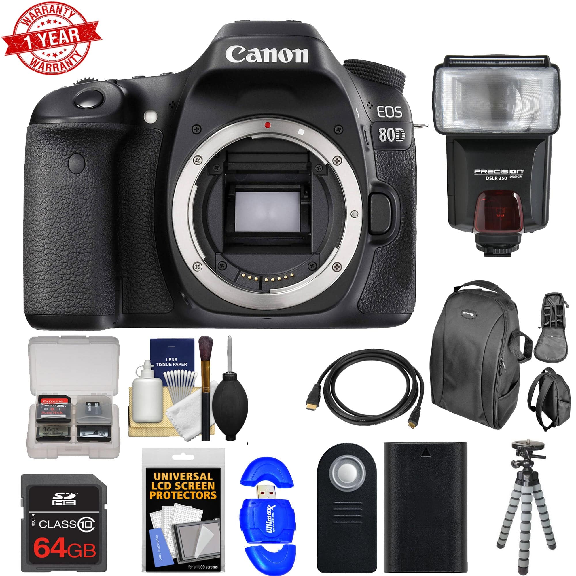 Canon EOS 80D WiFi Digital SLR Camera Body with 64GB Memory Card, Extra Battery, Camera Backpack, Speedlite Flash & Flexible Tripod - Professional DSLR Bundle for Photography, Vlogging & Travel