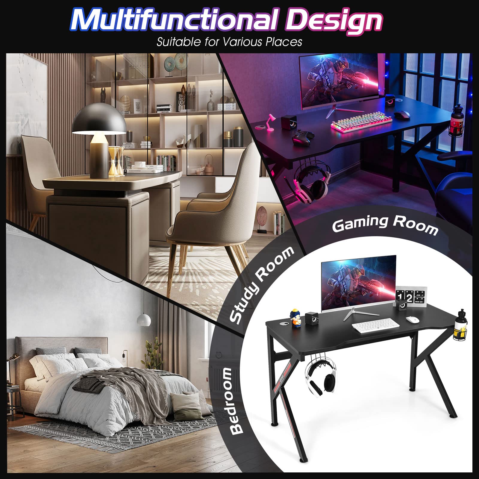 **48 Inch K-Shaped Gaming Desk with Cup Holder & Headphone Hook - Ergonomic PC Computer Desk for Gamers, Home Office & Workstation - 2 Cable Management Holes, Durable Black Design - Perfect for Esports, Streaming & Remote Work**