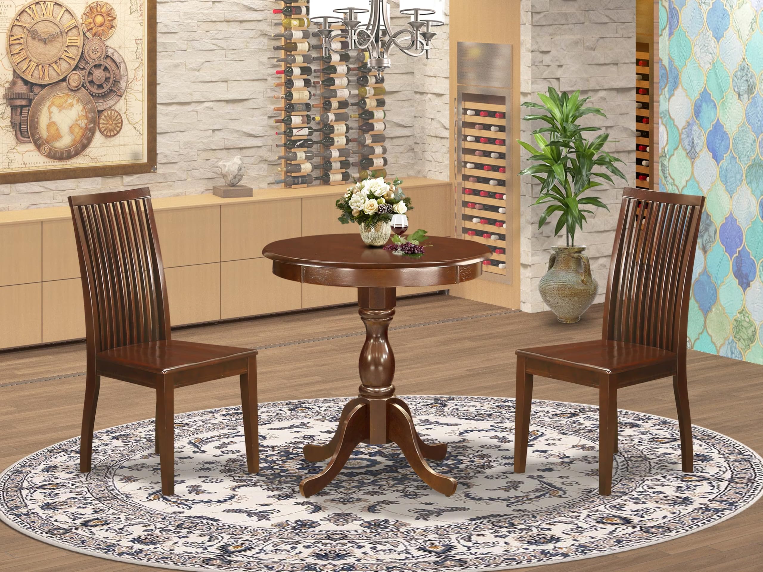 East West Furniture ESIP3-MAH-W 3-Piece Round Dining Table Set with Pedestal Base & 2 Wooden Chairs - 30x30 Inch, Mahogany - Perfect for Small Spaces, Apartments, Breakfast Nooks & Cozy Dining Areas