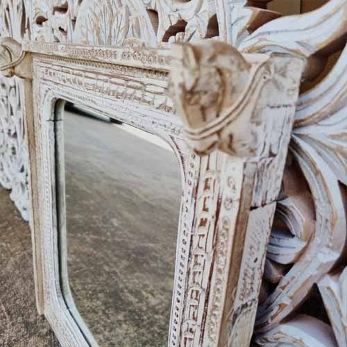 Hand Carved Indian Solid Wood Wall Mirror with Horse Face Design - Rustic Decor 24.2