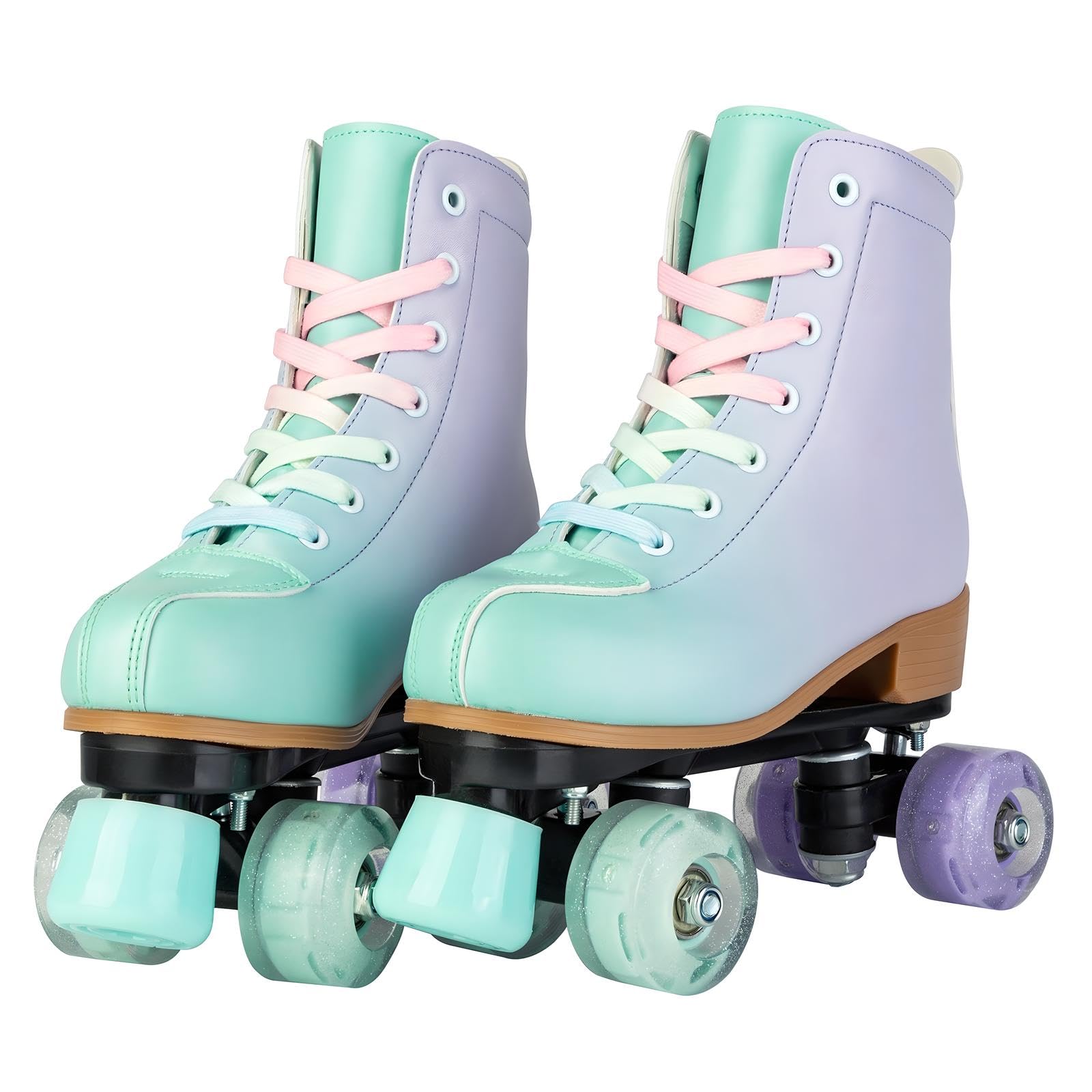 PU Leather Gradient Green & Purple Roller Skates with LED Flash Wheels for Girls & Women - Indoor & Outdoor Skates for Youth Beginners Ages 8-12 - Perfect for Rink, Park, Street Skating & Birthday Gifts