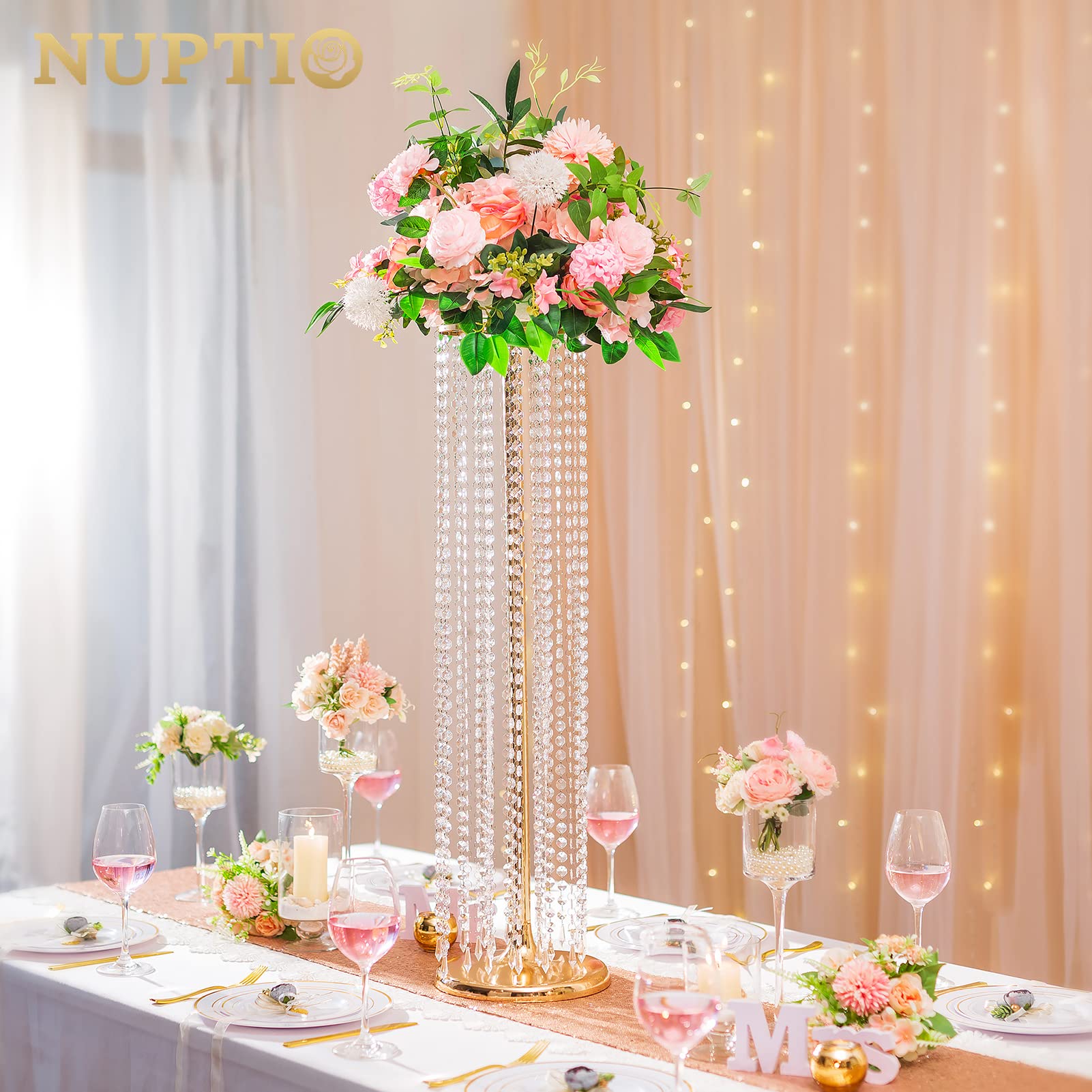 10 Pcs 35.4in Tall Crystal Gold Wedding Vases - Elegant Metal Flower Stand Centerpieces for Party Table Decorations, Bulk Wedding Decor, Table Chandeliers | Perfect for Wedding Receptions, Bridal Showers & Banquet Hall Decor