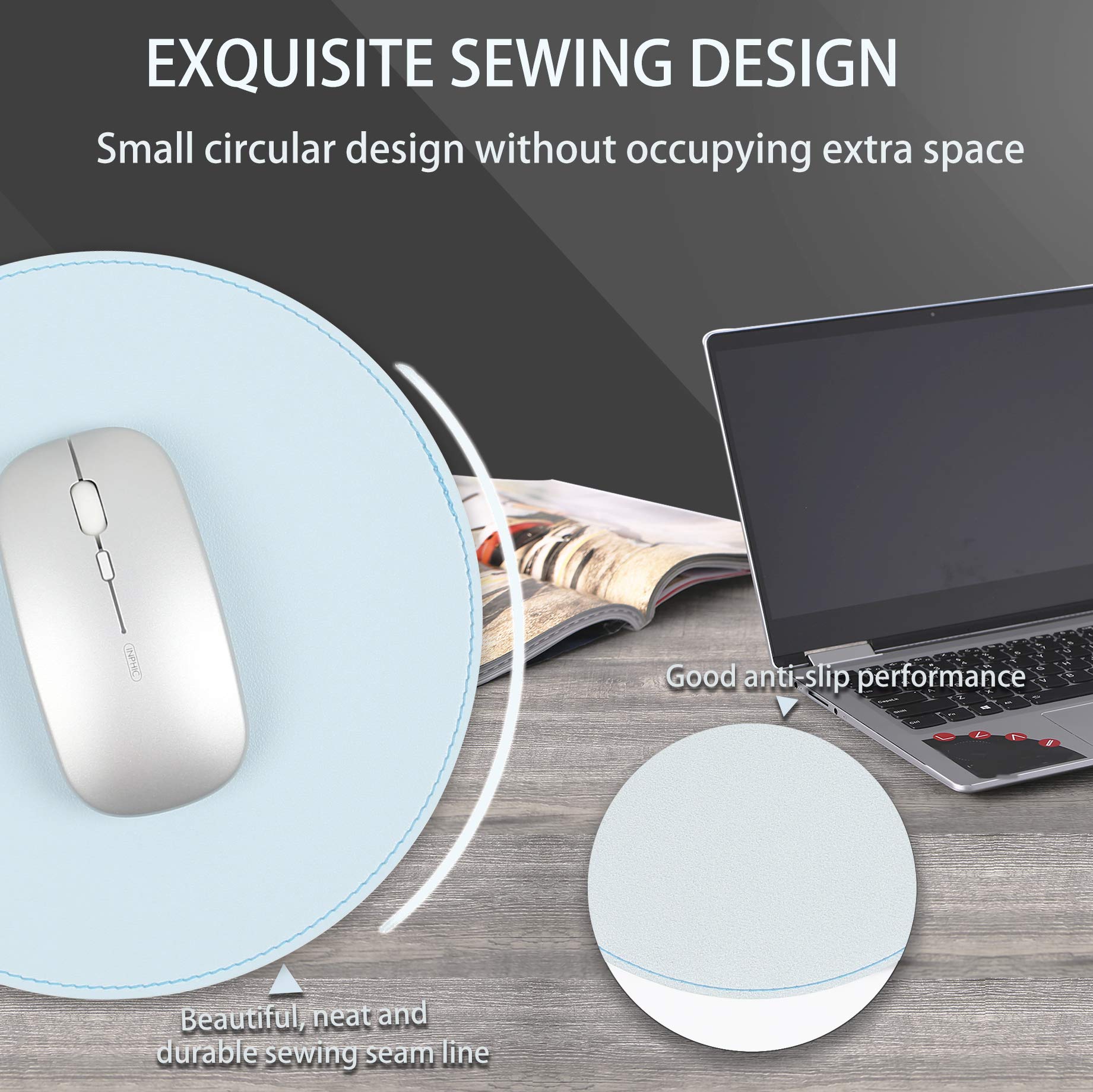 YSAGi 2 Pack Ultra Thin Waterproof PVC Leather Mouse Pad with Stitched Edges - Non-Slip Computer & Laptop Mouse Mat for Office, Home & Gaming (8.66 Inch, Sky Blue) - Perfect for Workstations, Desktops & Travel Use