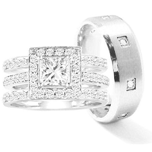 4-Piece His and Her Wedding Ring Set - Cubic Zirconia CZ Engagement & Bridal Rings in Stainless Steel - Perfect for Proposals, Anniversaries & Couple Jewelry Gifts