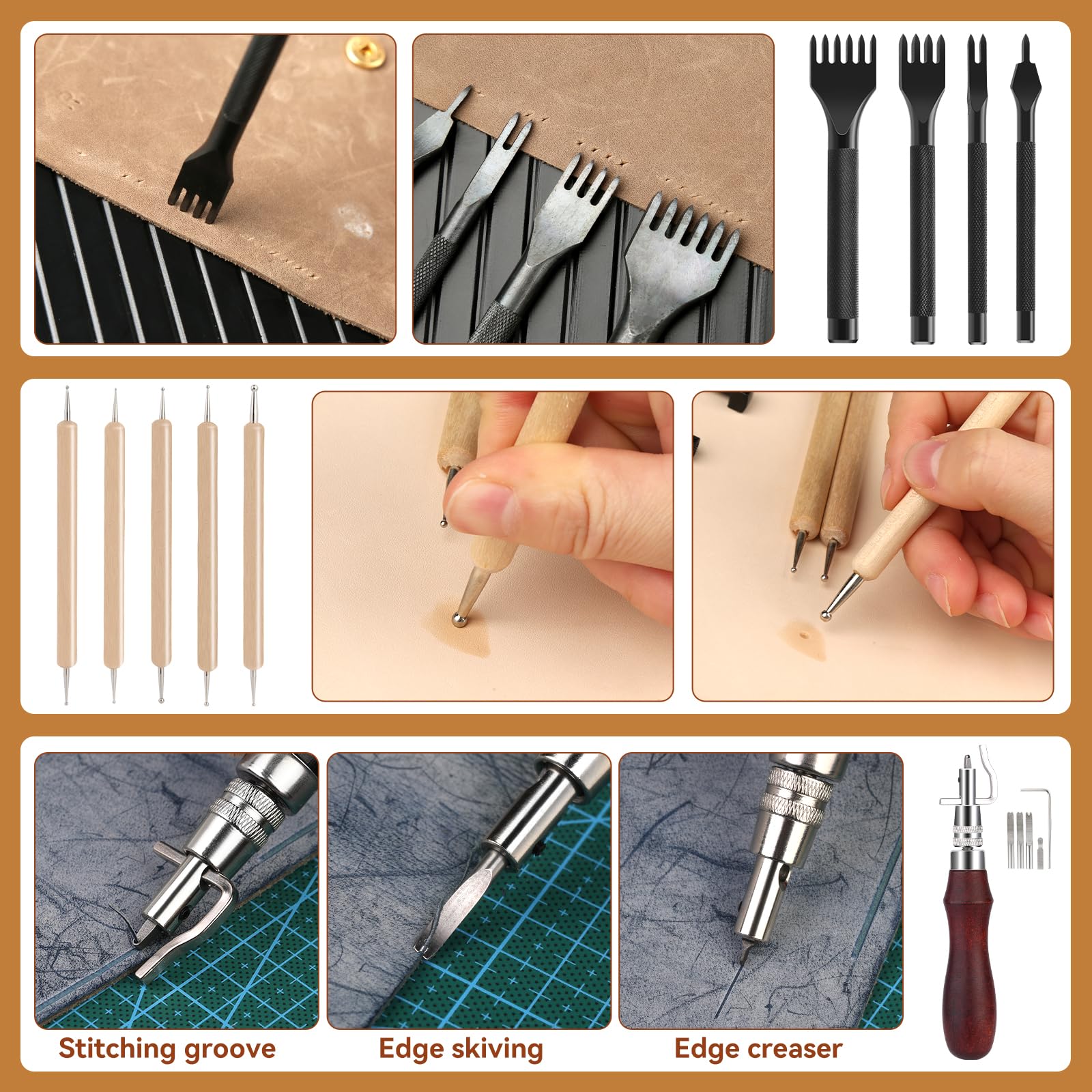 Jupean 458-Piece Leather Crafting Kit - Professional Leather Working Tools & Supplies with Instruction Book, Tool Holder, Stamps Set, Prong & Hollow Punches - Perfect for DIY Leather Projects, Belt Making, Wallet Crafting & Leather Repair