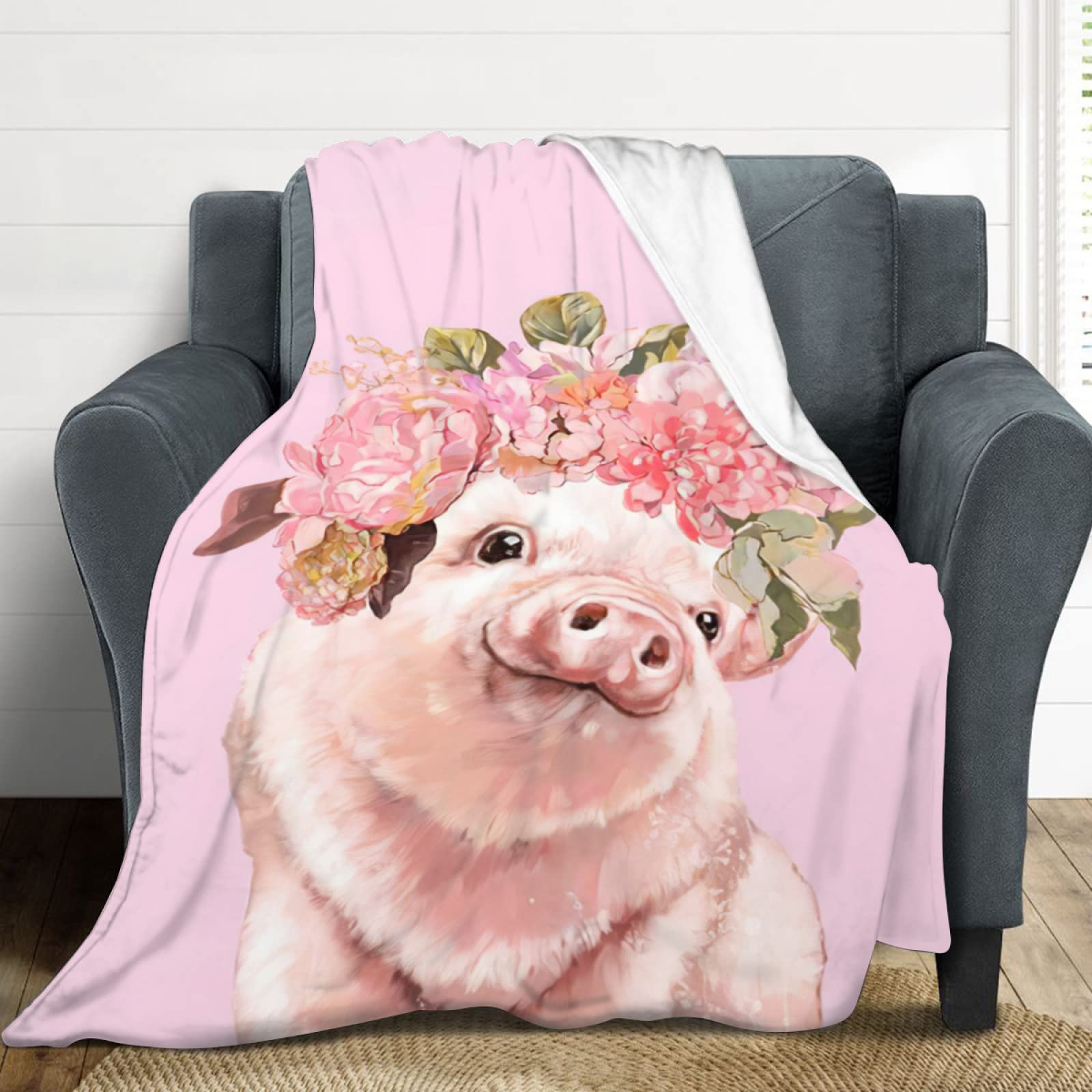 Soft Pink Pig & Roses Fleece Throw Blanket - Ultra Cozy Microfiber Blanket for Kids, Bed, Couch & Living Room - Perfect for Snuggling, Gifts & Nursery Decor