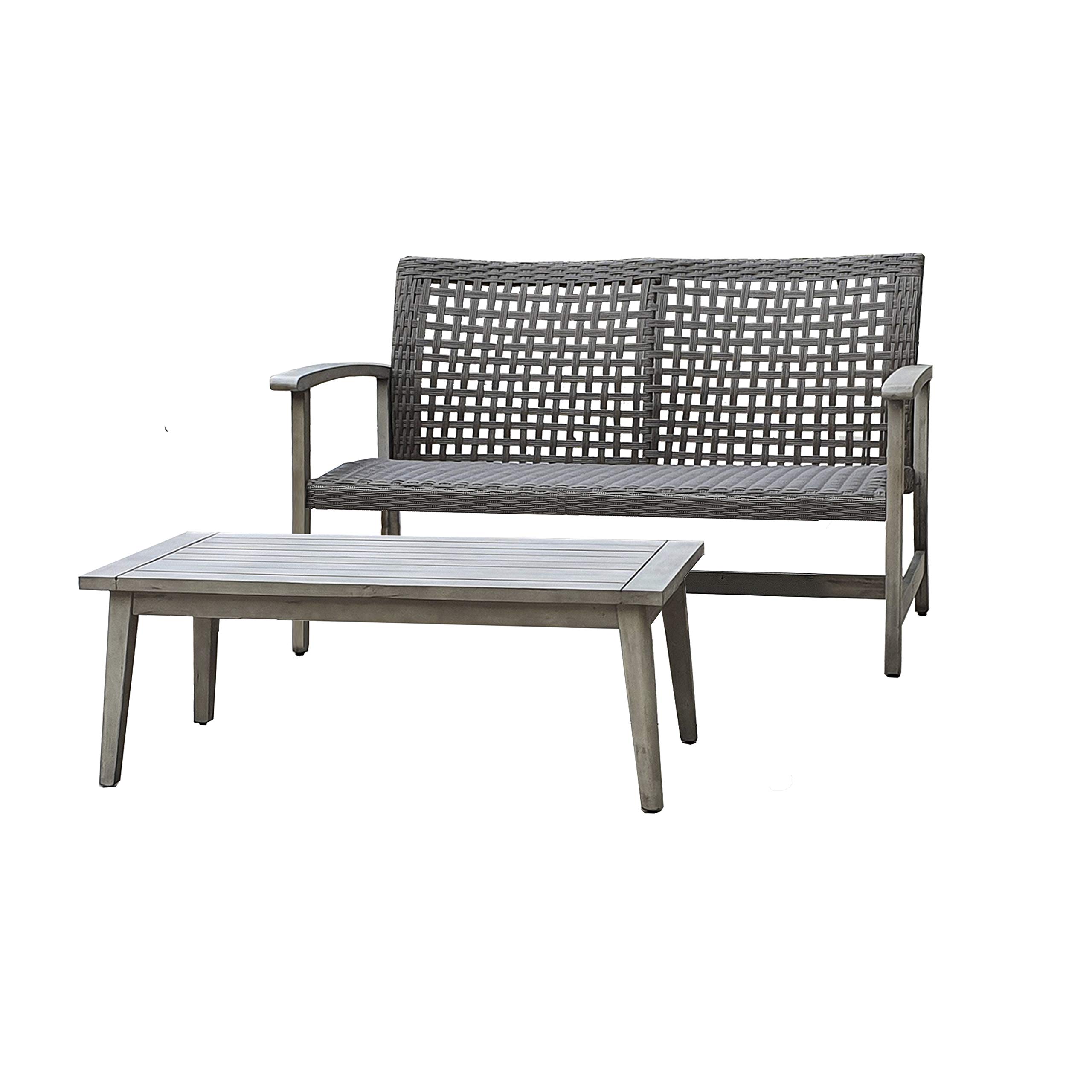 DUKAP Monterosso 2-Piece Outdoor Patio Sofa Set with Coffee Table - Weather-Resistant Waterproof Wicker Conversation Seating for Porch, Deck or Garden - Light Grey Comfortable Furniture for Relaxing & Entertaining