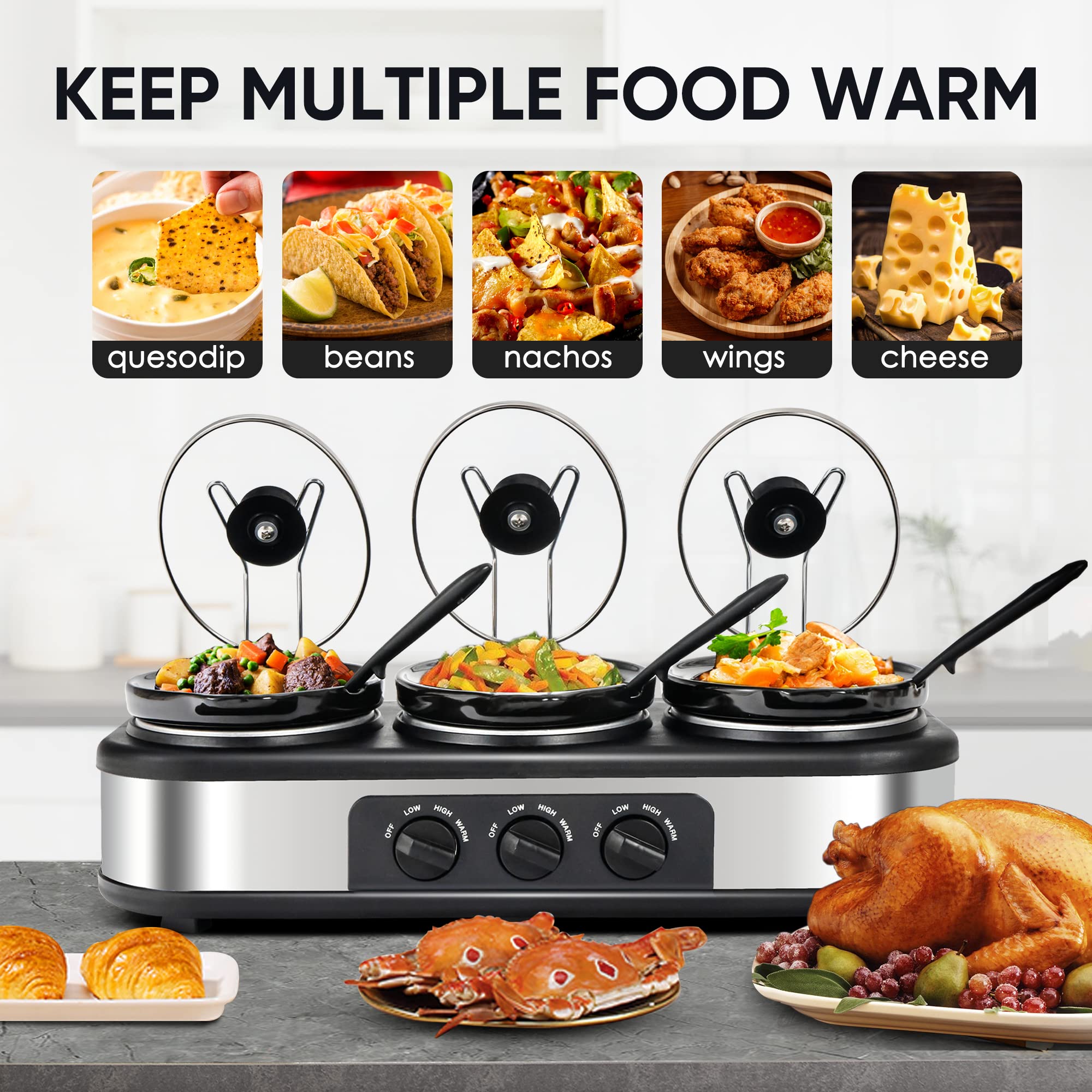 3-in-1 Stainless Steel Triple Slow Cooker with 3x1.5Qt Removable Bowls, Tempered Glass Lids & Adjustable Temperature Control - Perfect for Breakfast Buffets, Party Serving & Food Warming - Dishwasher Safe & Space-Saving Design