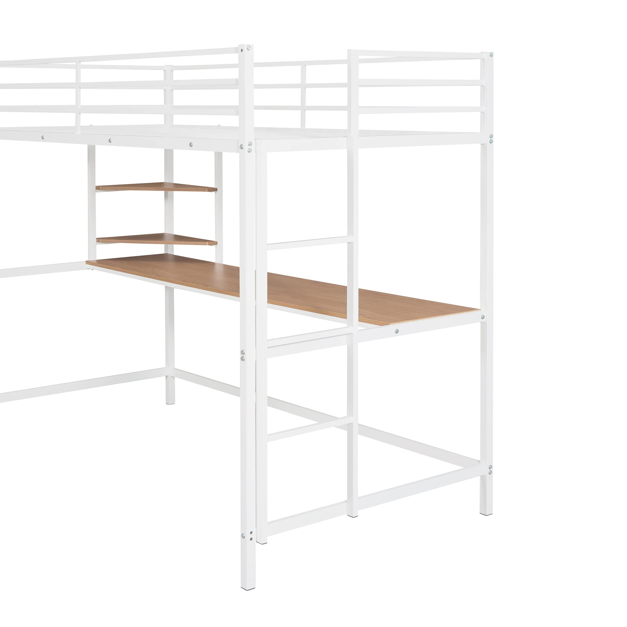 Twin Size Loft Bed with Desk & Storage - Heavy Duty Metal Frame for Kids - Safety Guardrail & Space Saving Design - Perfect for Small Bedrooms, Dorms & Studio Apartments (White)