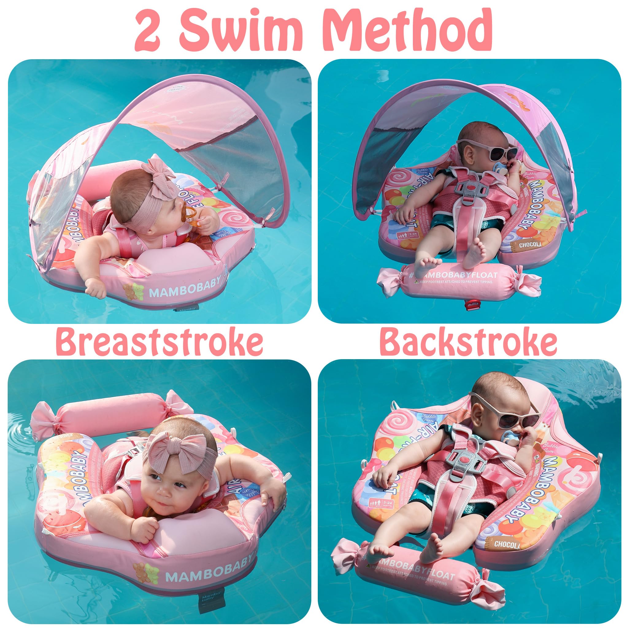 Mambobaby Baby Swimming Float with Removable Canopy - Non Inflatable Safety Pool Float for Toddlers 3-24 Months, Soft Skin-Friendly Material with Upgraded Tail Design - Perfect for Beach, Pool & Water Play (Candy Color)
