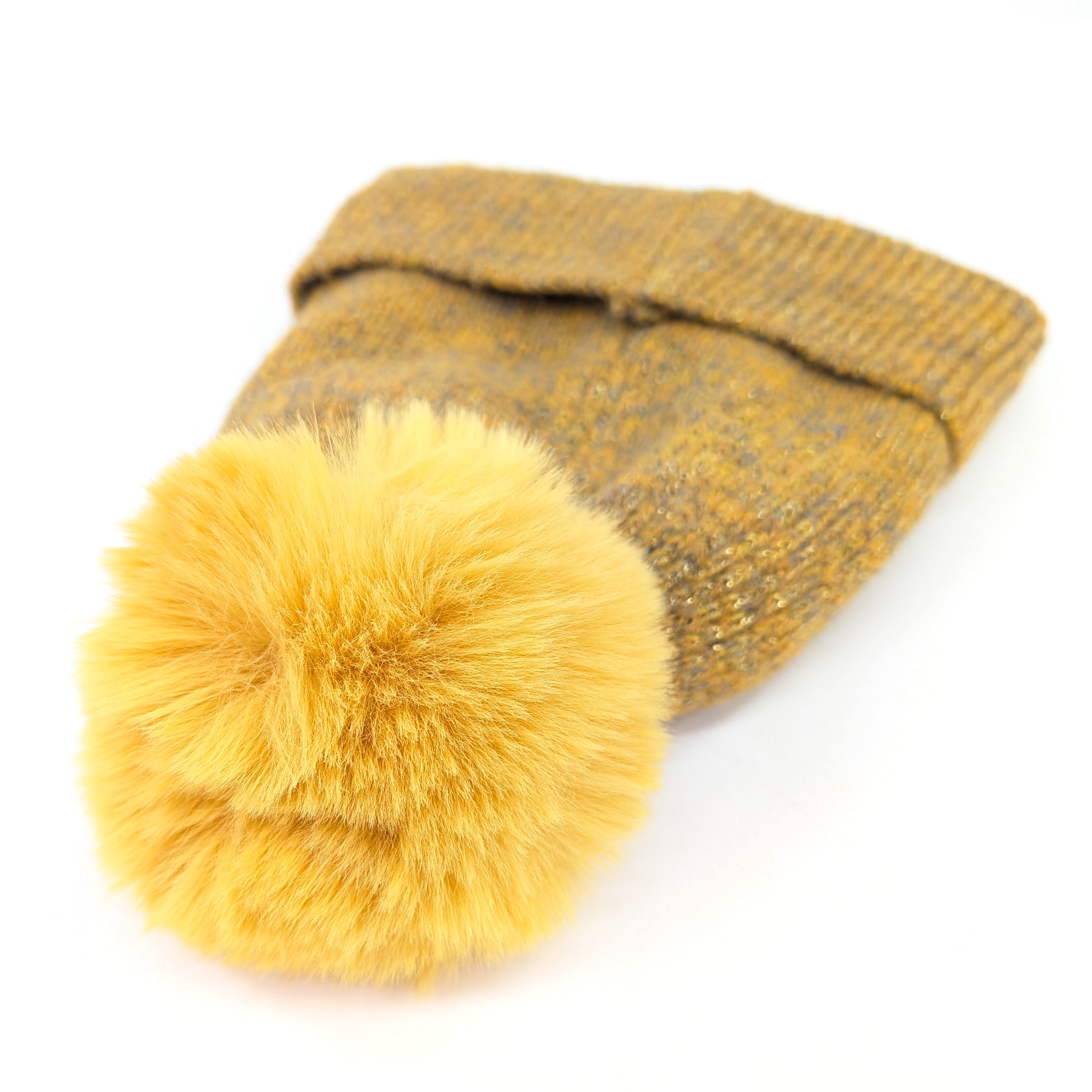 Sequin Faux Fur PomPom Winter Hat - Mustard Yellow Beanie for Women | Cozy & Stylish Cold Weather Accessory for Outdoor Activities, Parties & Holidays