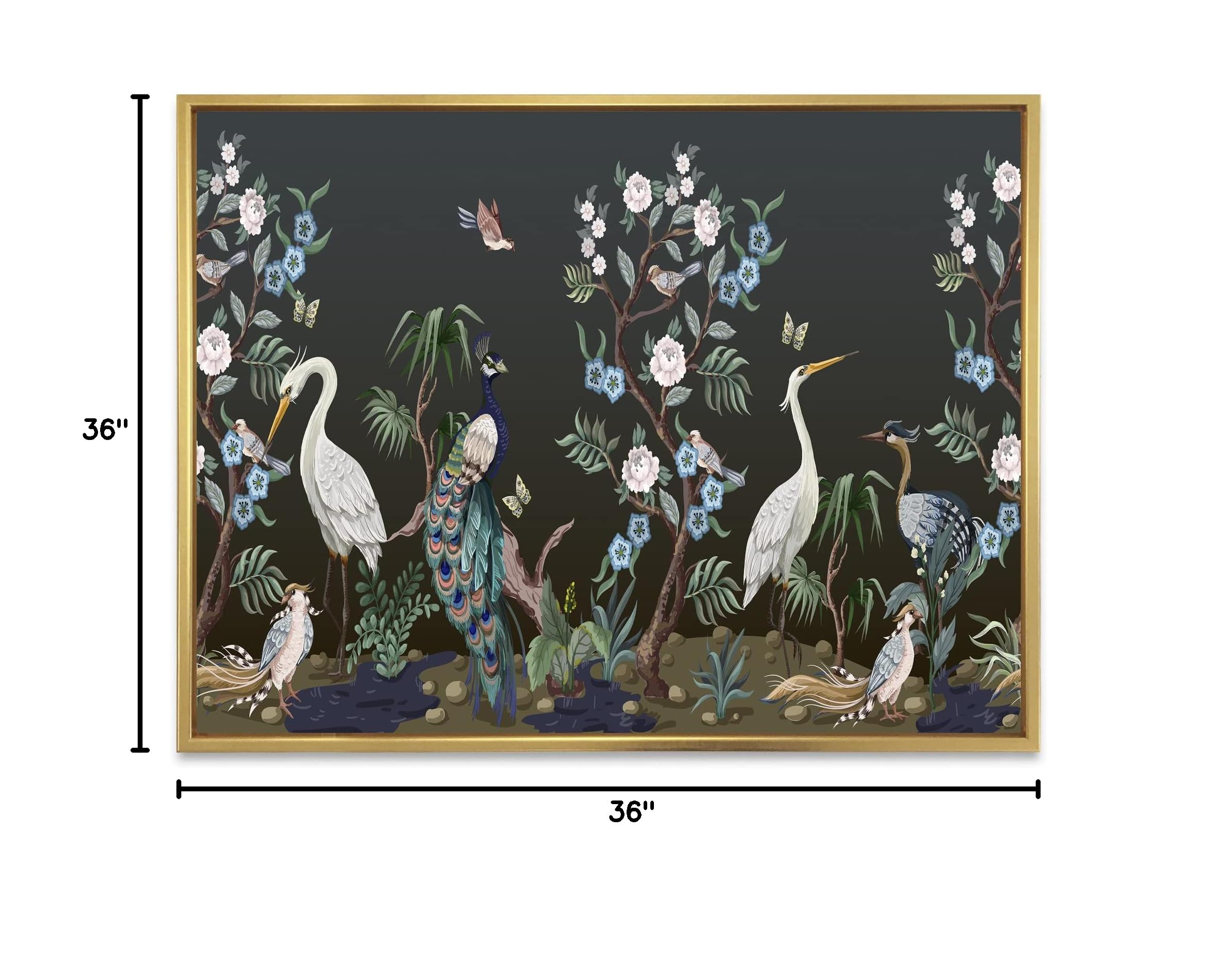 DesignQ Chinoiserie With Birds and Peonies IV - Traditional Framed Canvas Wall Art Print - Home Decor for Living Room, Bedroom & Office
