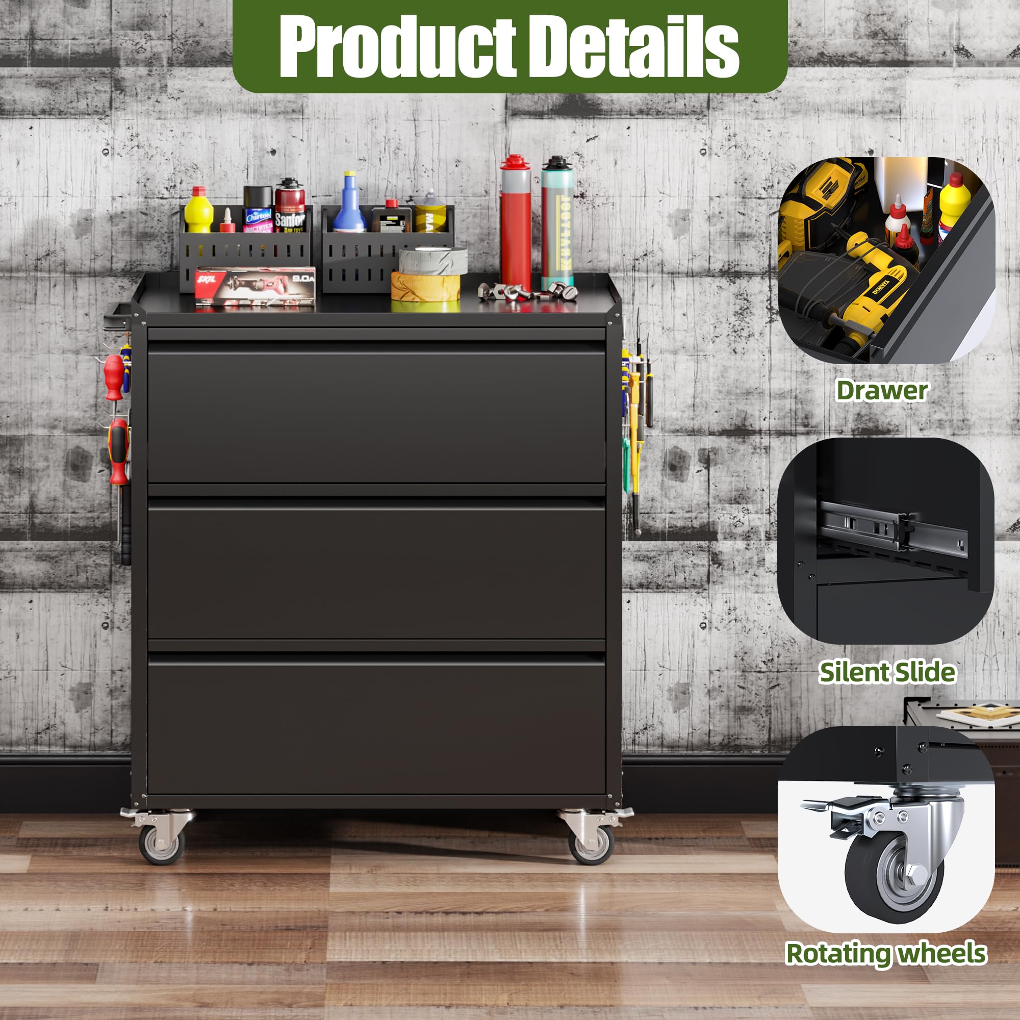 Black Metal Garage Storage Cabinet with Wheels & Pegboard - 3-Drawer Rolling Tool Organizer for Home, Workshop & Garage
