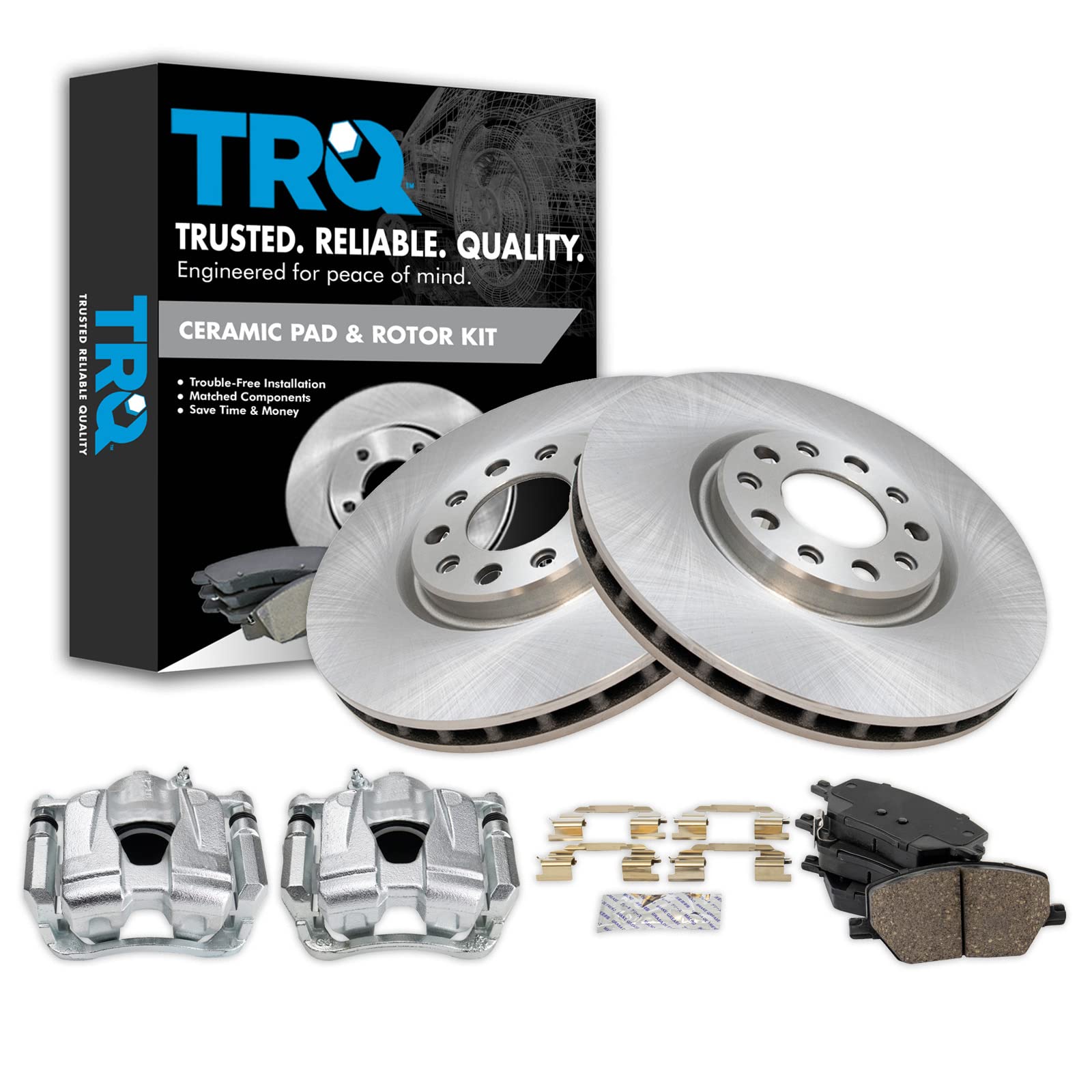 TRQ Front Brake Pad and Rotor Kit - Ceramic Vented Brake Pads & Rotors - Compatible with 2016-2018 Fiat 500X, 2015-2018 Jeep Renegade - Smooth Stopping Power for City Driving and Highway Commutes