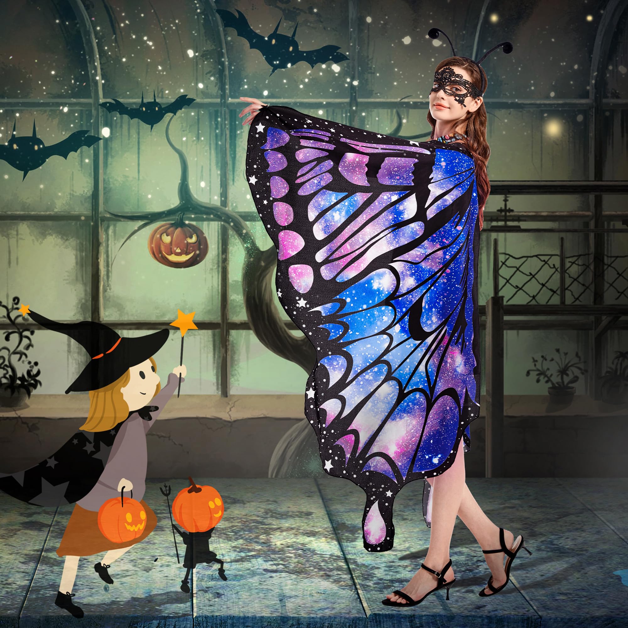 Tibeha Halloween Butterfly Costume for Adults & Kids - Double-Sided Printed Wings with Cape for Women & Girls | Perfect for Halloween Parties, Cosplay & Dress-Up Events